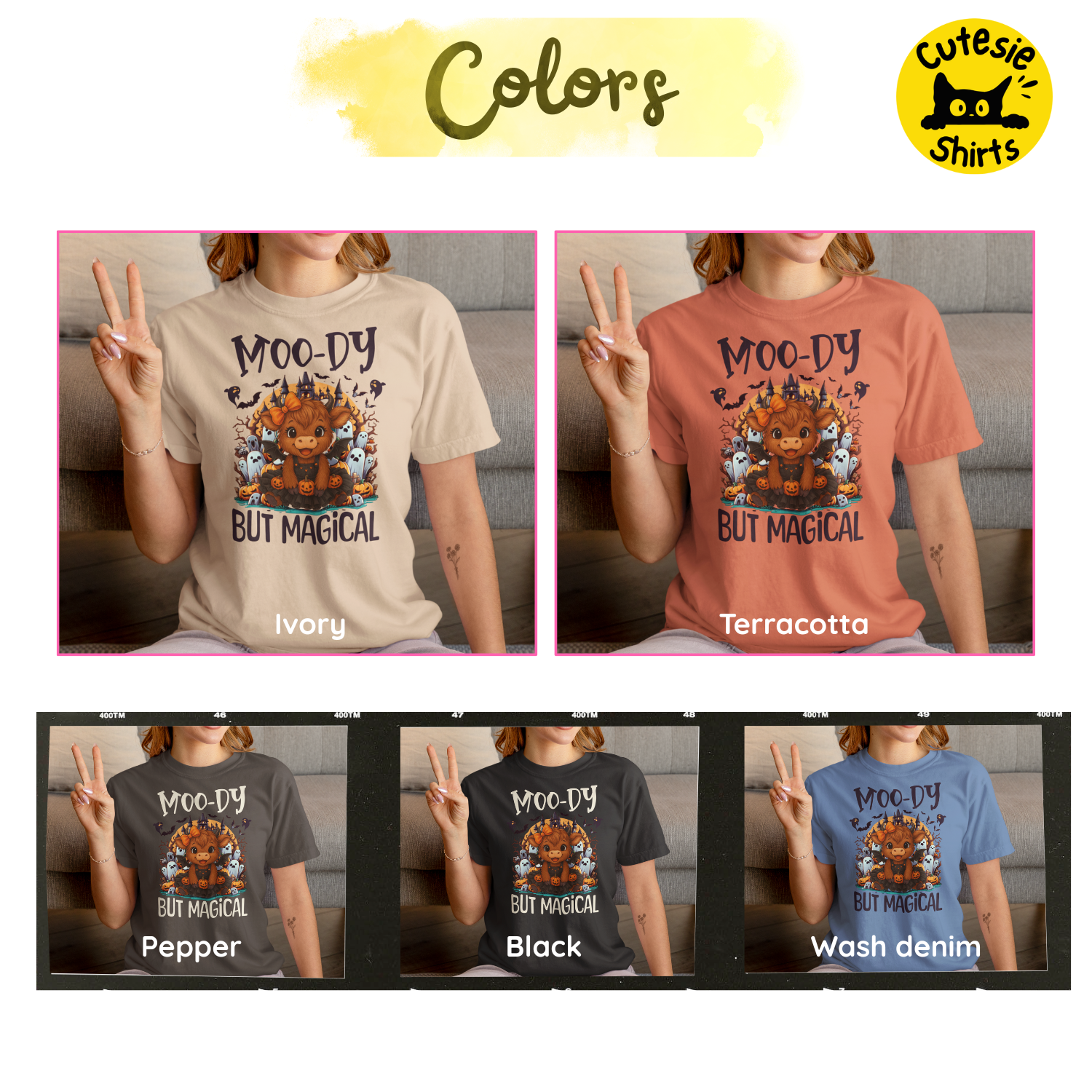 Four shirt colors shown on a person with 'Cutesie Shirts' branding.
