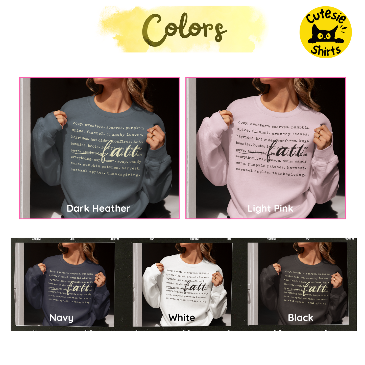 Collage of sweatshirts in different colors with 'fall' text, featuring the brand 'Cutesie Shirts'.