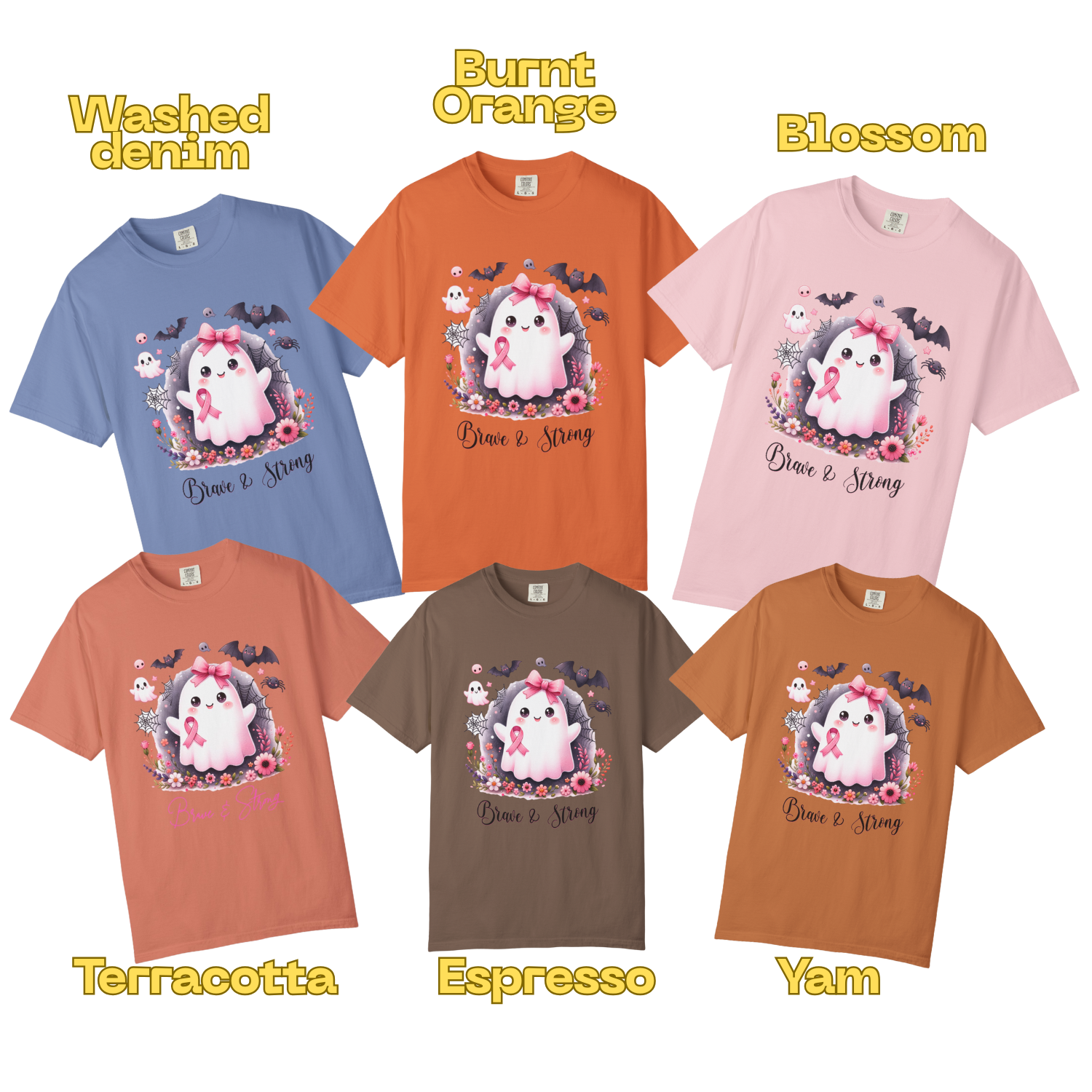 Set of t-shirts in various colors with a cartoon character and text on a white background.