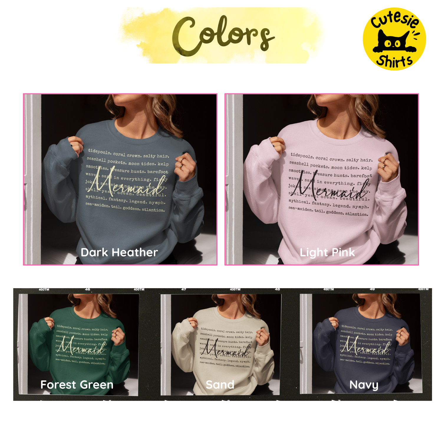 Collection of sweatshirts in different colors with 'Mermaid' text, featuring the brand 'Cutesie Shirts'.