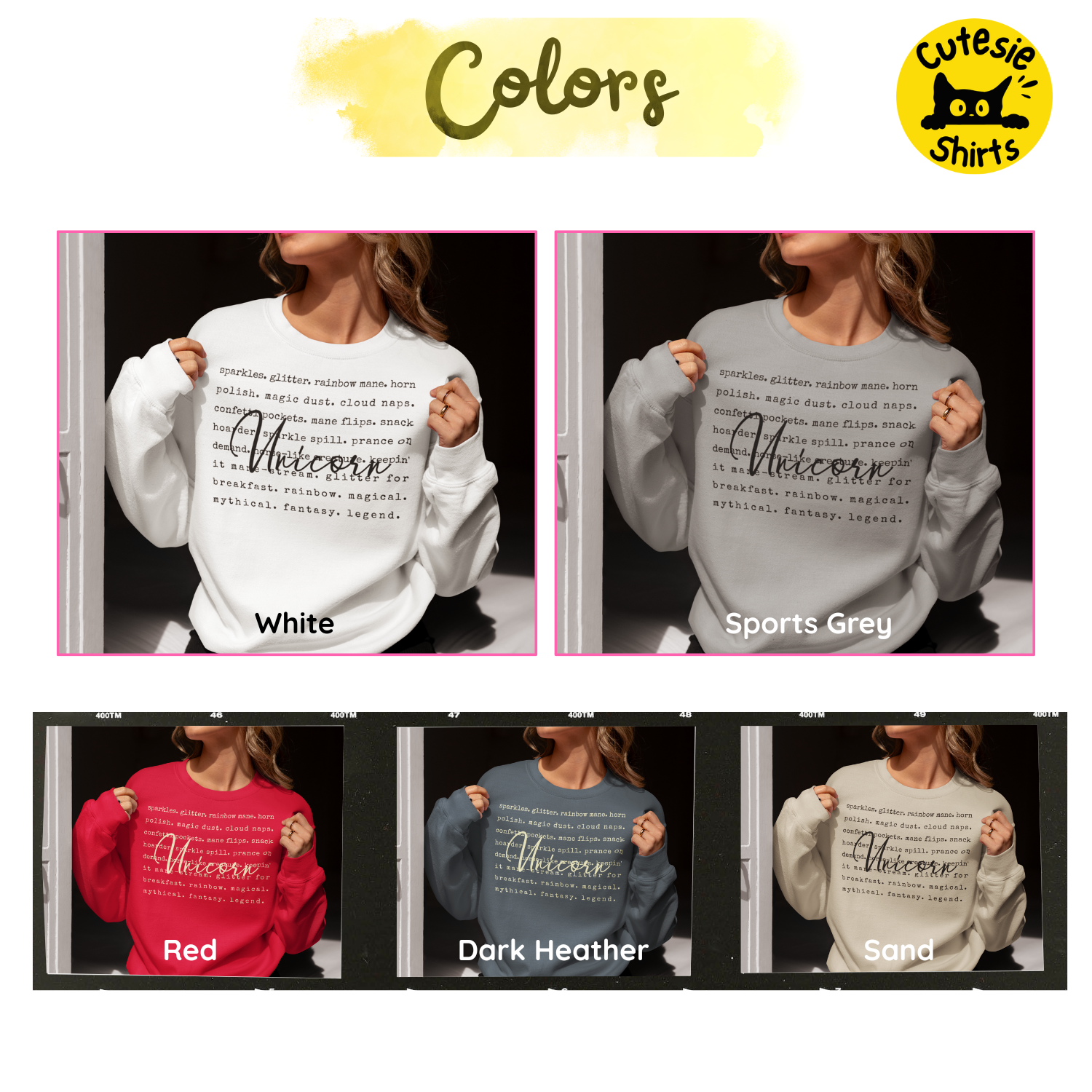 Collage of people wearing sweaters in different colors with 'Cutesie Shirts' branding.