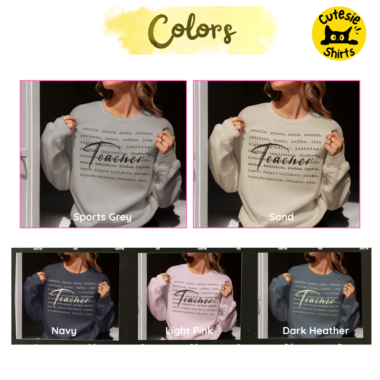 Collection of sweaters in different colors with 'Teacher' text, branded as 'Cutesie Shirts'.