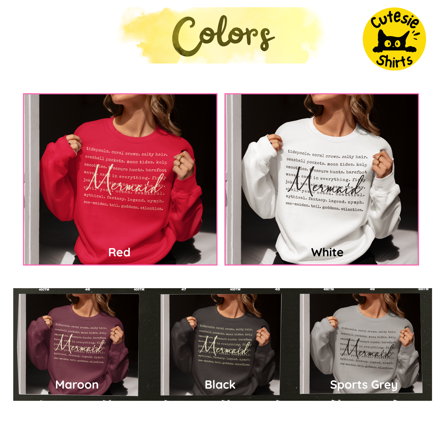 Collage of people wearing red, white, maroon, black, and sports grey 'Mermaid' sweaters with 'Cutesie Shirts' branding.