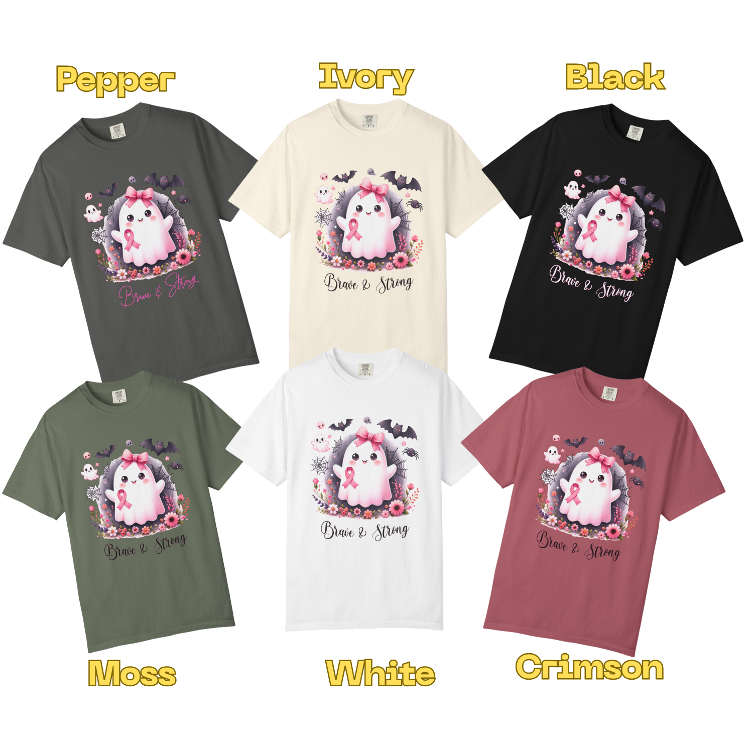 Set of six t-shirts in different colors with a cartoon character design on a white background.