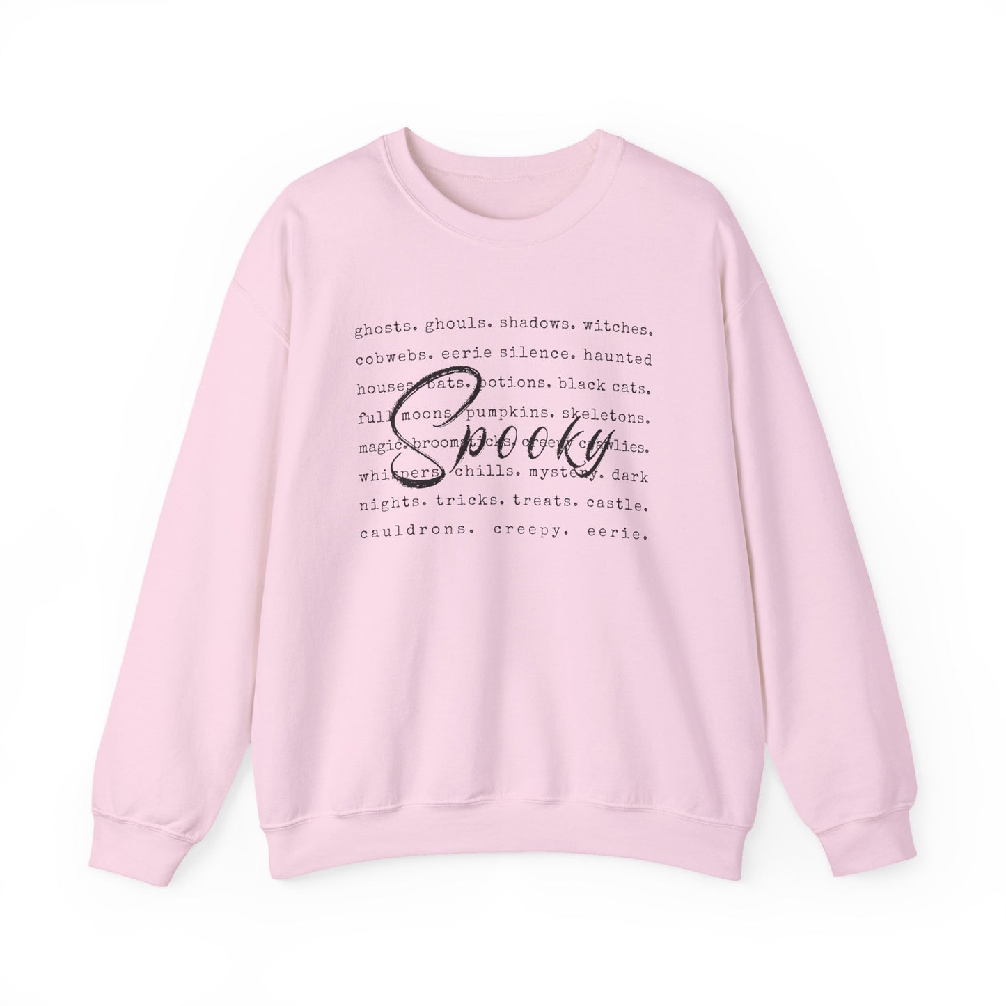 Pink sweatshirt with Halloween-themed text on a white background