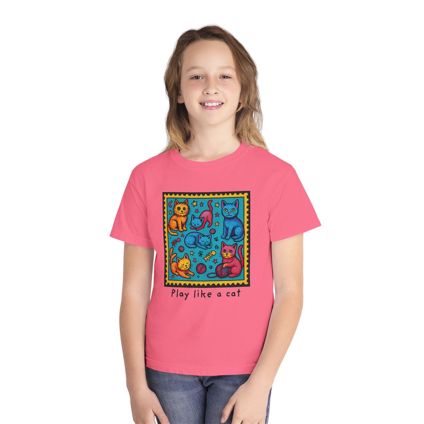 Play Like A Cat Pop Art Style Youth Tee, Comfort Colors T-Shirt for Kids, Cat Lover Gift, Graphic Print Shirt, Kitty Theme Clothing