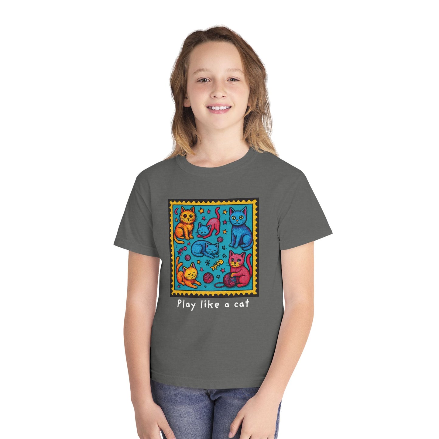 Play Like A Cat Pop Art Style Youth Tee, Comfort Colors T-Shirt for Kids, Cat Lover Gift, Graphic Print Shirt, Kitty Theme Clothing