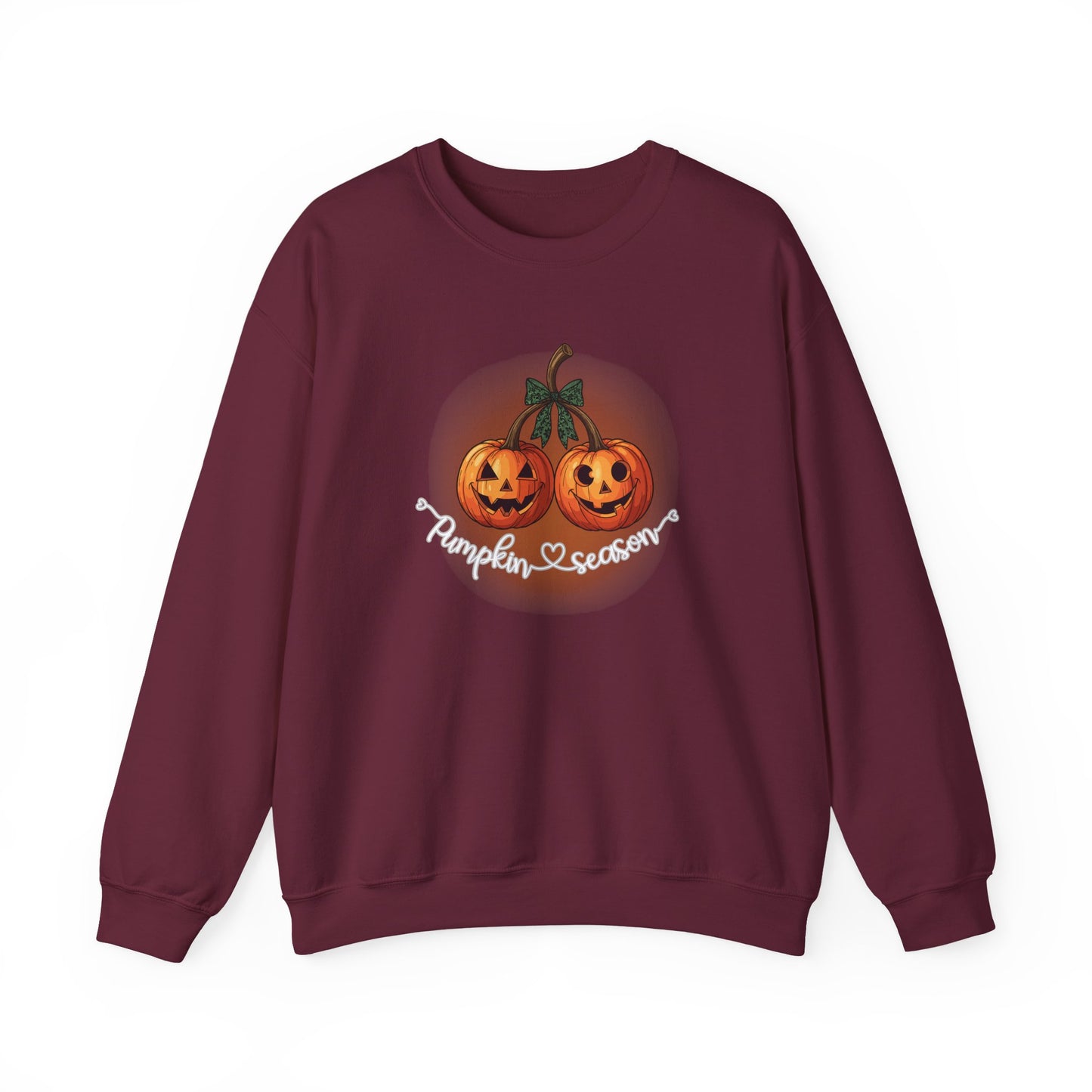 Maroon sweatshirt with Halloween-themed design of pumpkins and 'Pumpkin Season' text on a white background.