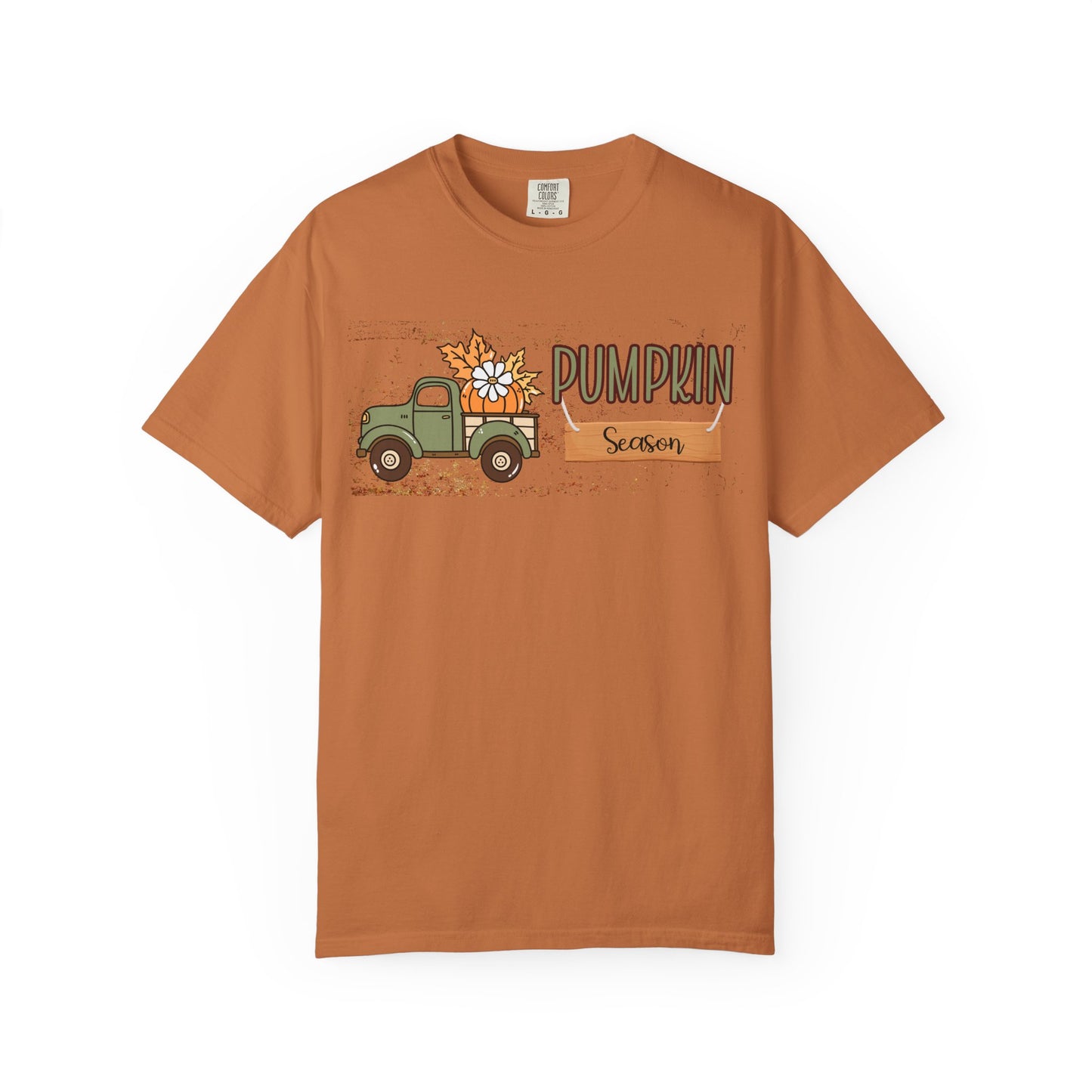 Brown t-shirt with a graphic of a truck and 'Pumpkin Season' text on a white background