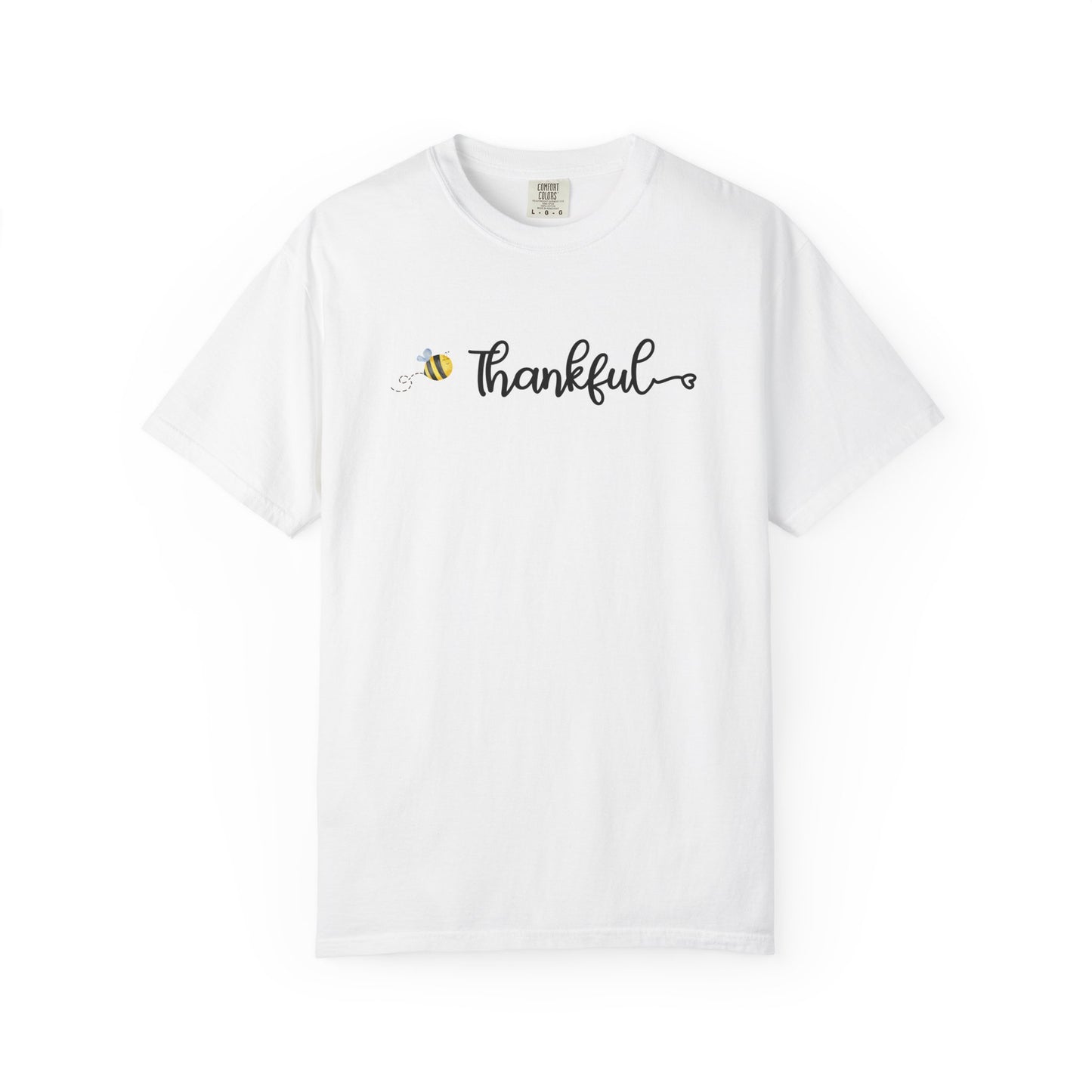 White t-shirt with 'Thankful' and bee design on a white background