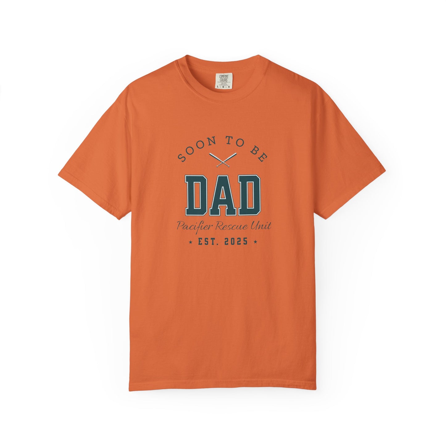Orange t-shirt with 'Soon to be Dad' text on a white background