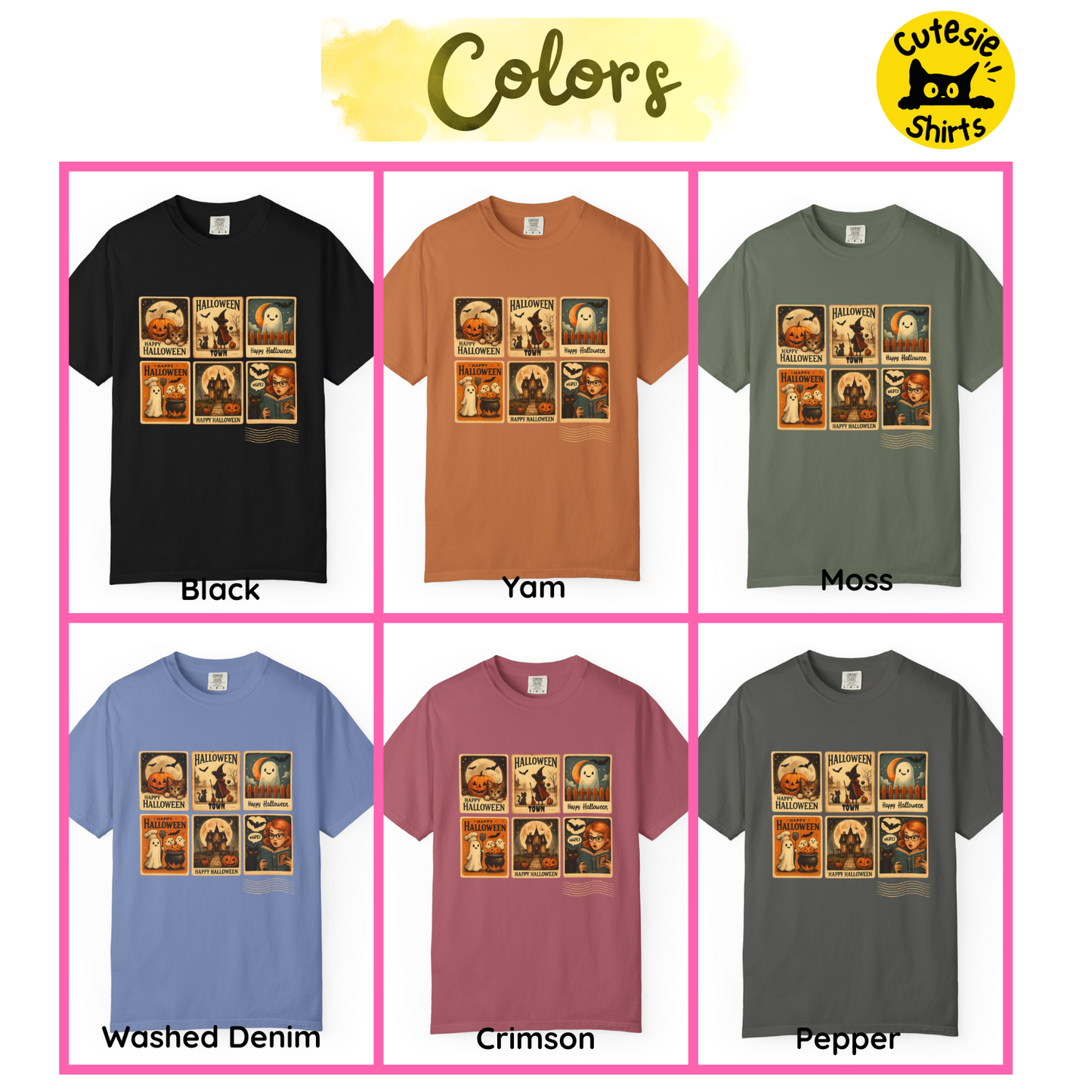 Six t-shirts in different colors with a graphic design on a white background, labeled 'Cutesie Shirts'.