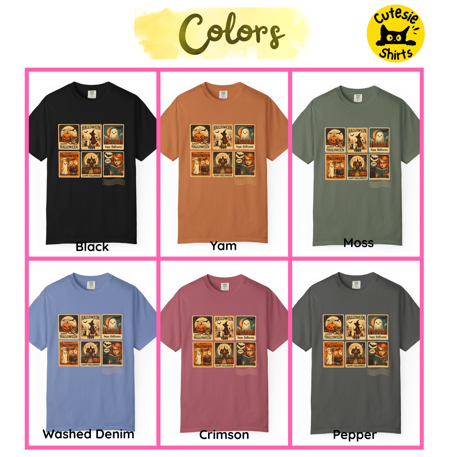 Six t-shirts in different colors with a graphic design on a white background, labeled 'Cutesie Shirts'.