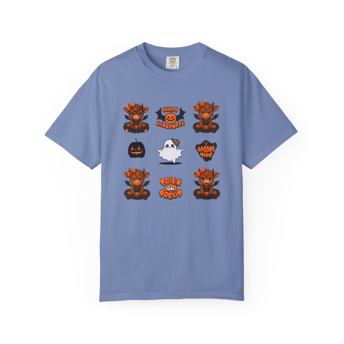 Blue t-shirt with Halloween-themed graphics on a white background