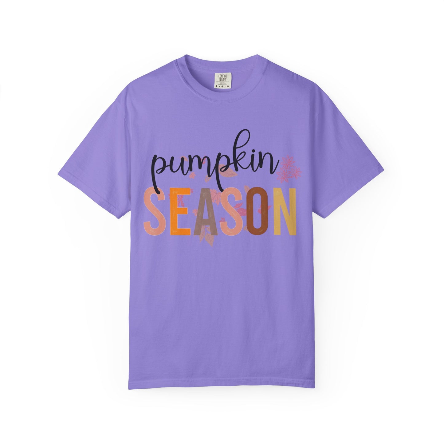 Purple t-shirt with 'pumpkin season' text on a white background