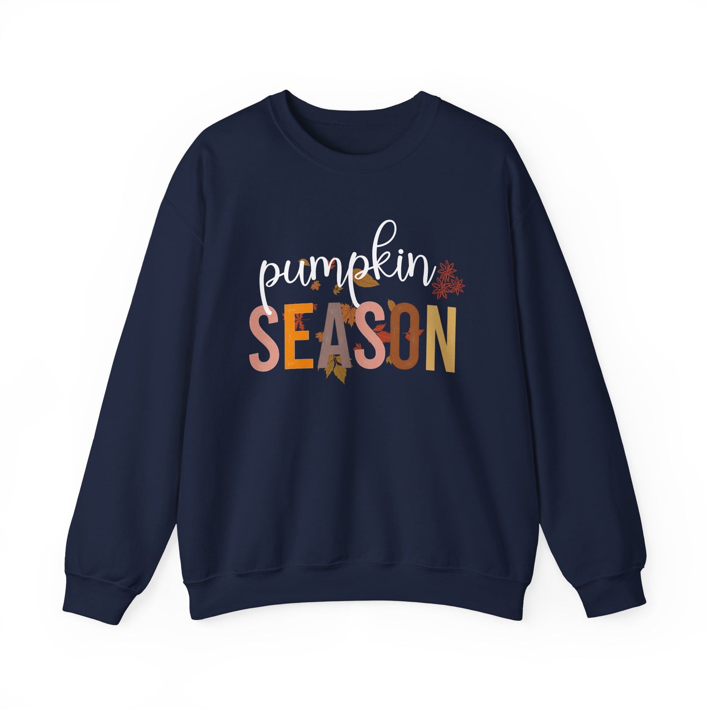 Navy blue sweatshirt with 'pumpkin season' text on a white background