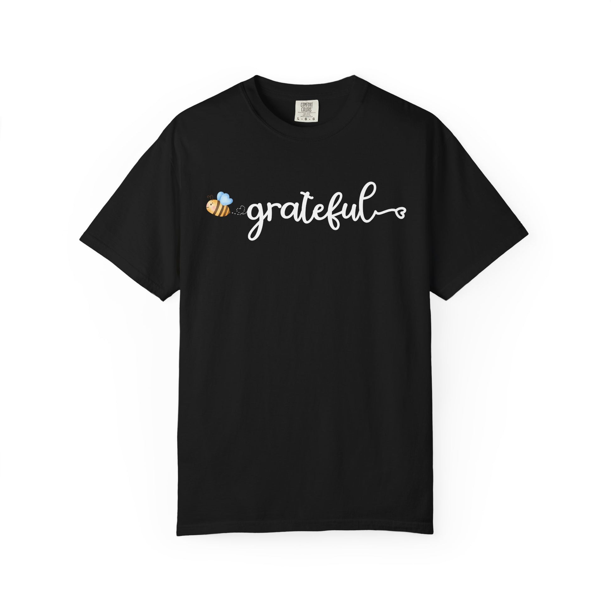 Black t-shirt with 'grateful' text and bee graphic on a white background