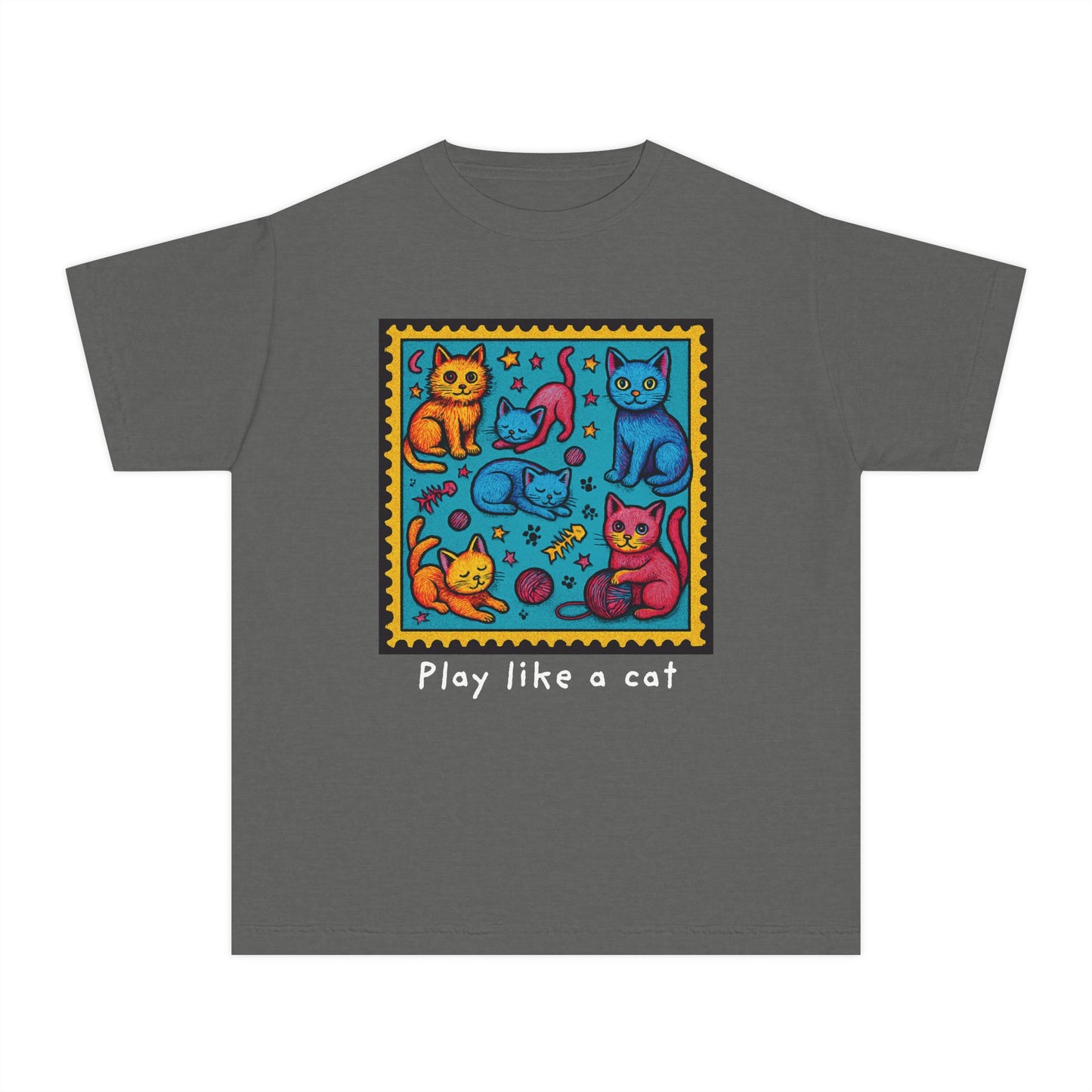 Play Like A Cat Pop Art Style Youth Tee, Comfort Colors T-Shirt for Kids, Cat Lover Gift, Graphic Print Shirt, Kitty Theme Clothing