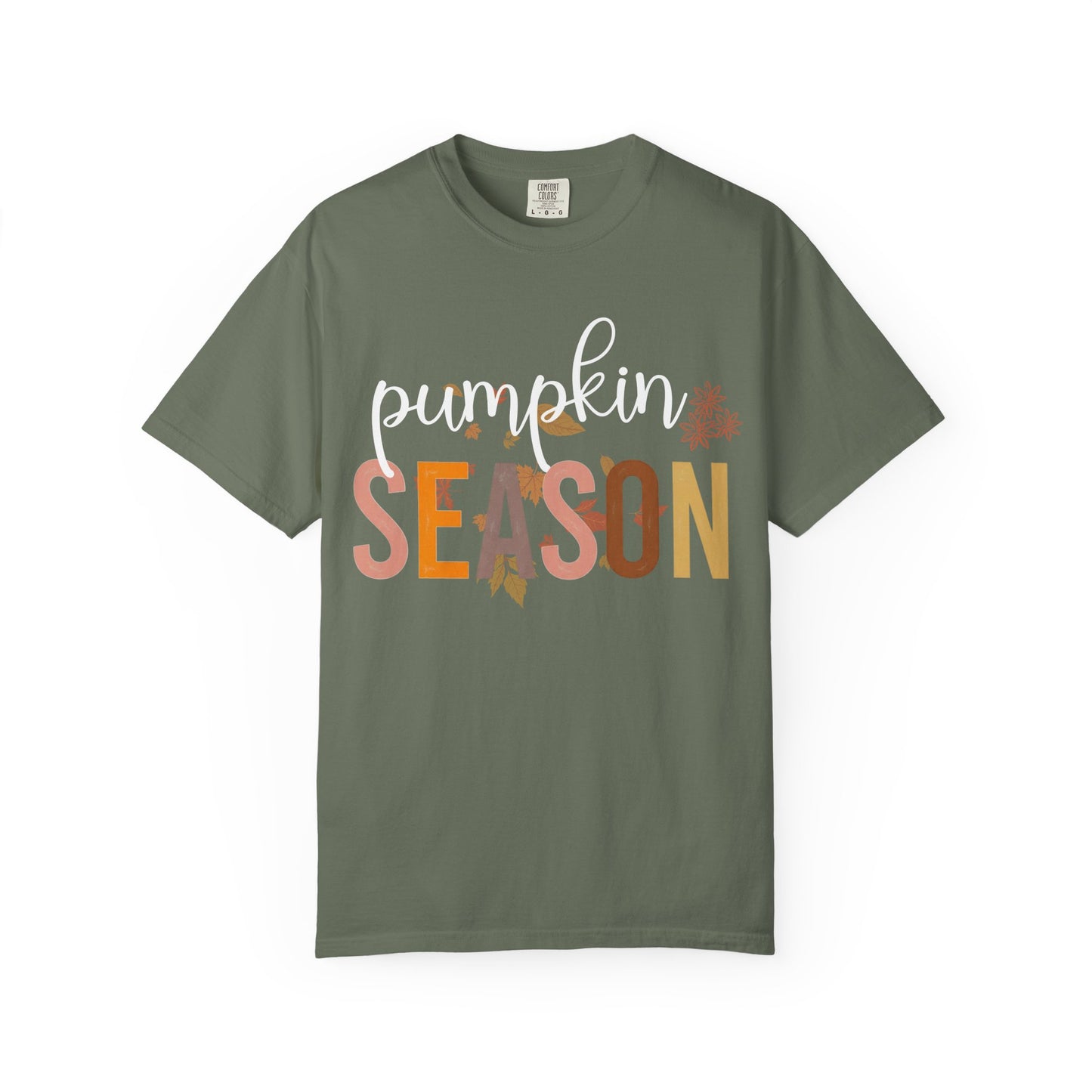 Green t-shirt with 'pumpkin season' text on a white background