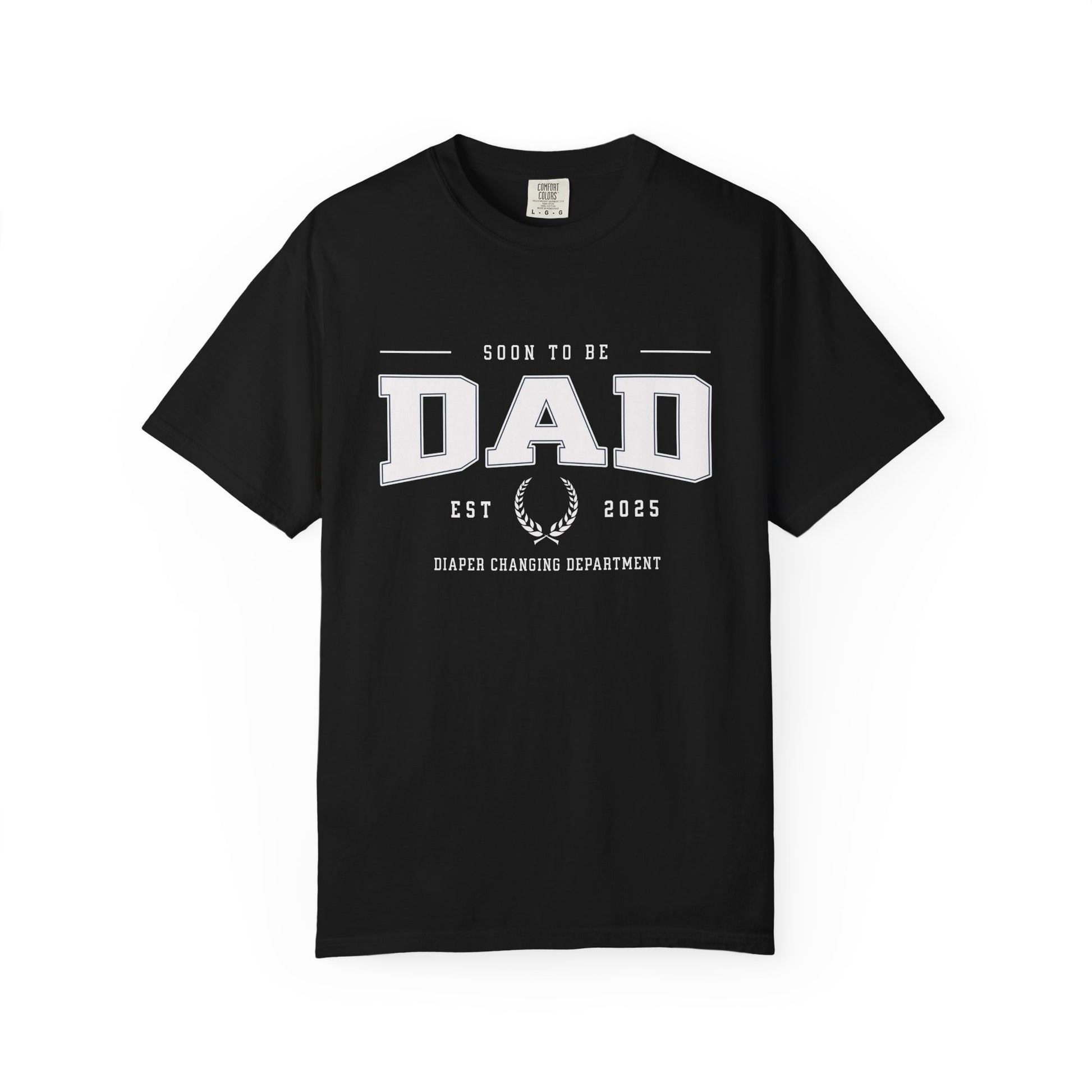 Black t-shirt with 'Soon to be Dad' text on a white background
