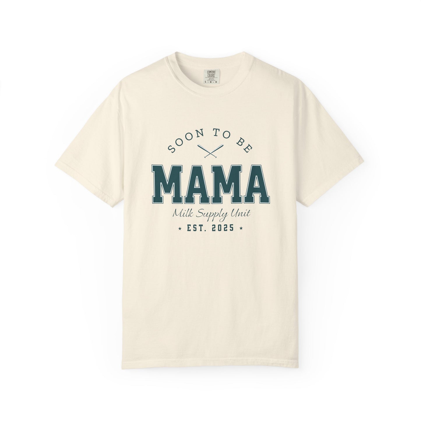 Beige t-shirt with 'Soon to be Mama' text on a white background