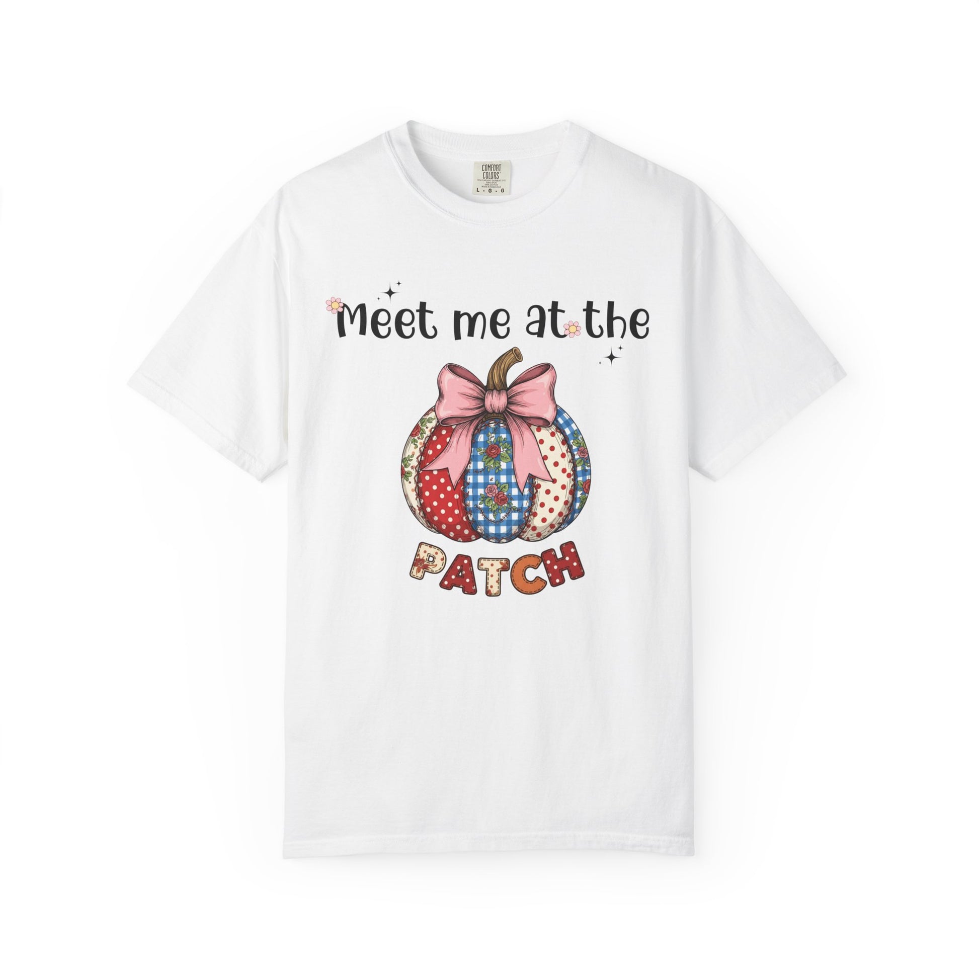 White t-shirt with a colorful pumpkin design and text on a white background