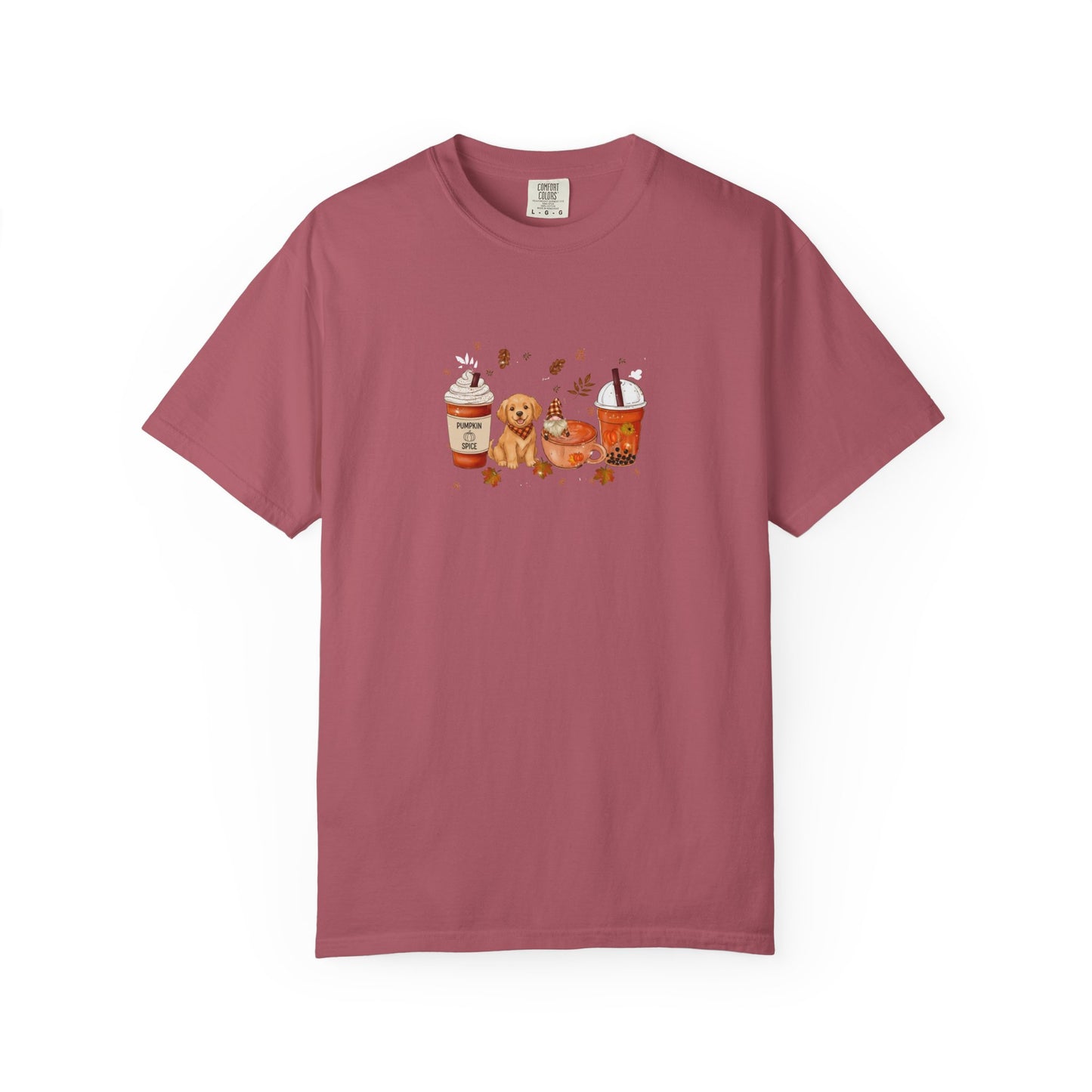 Maroon t-shirt with a graphic of a dog and coffee cups on a white background