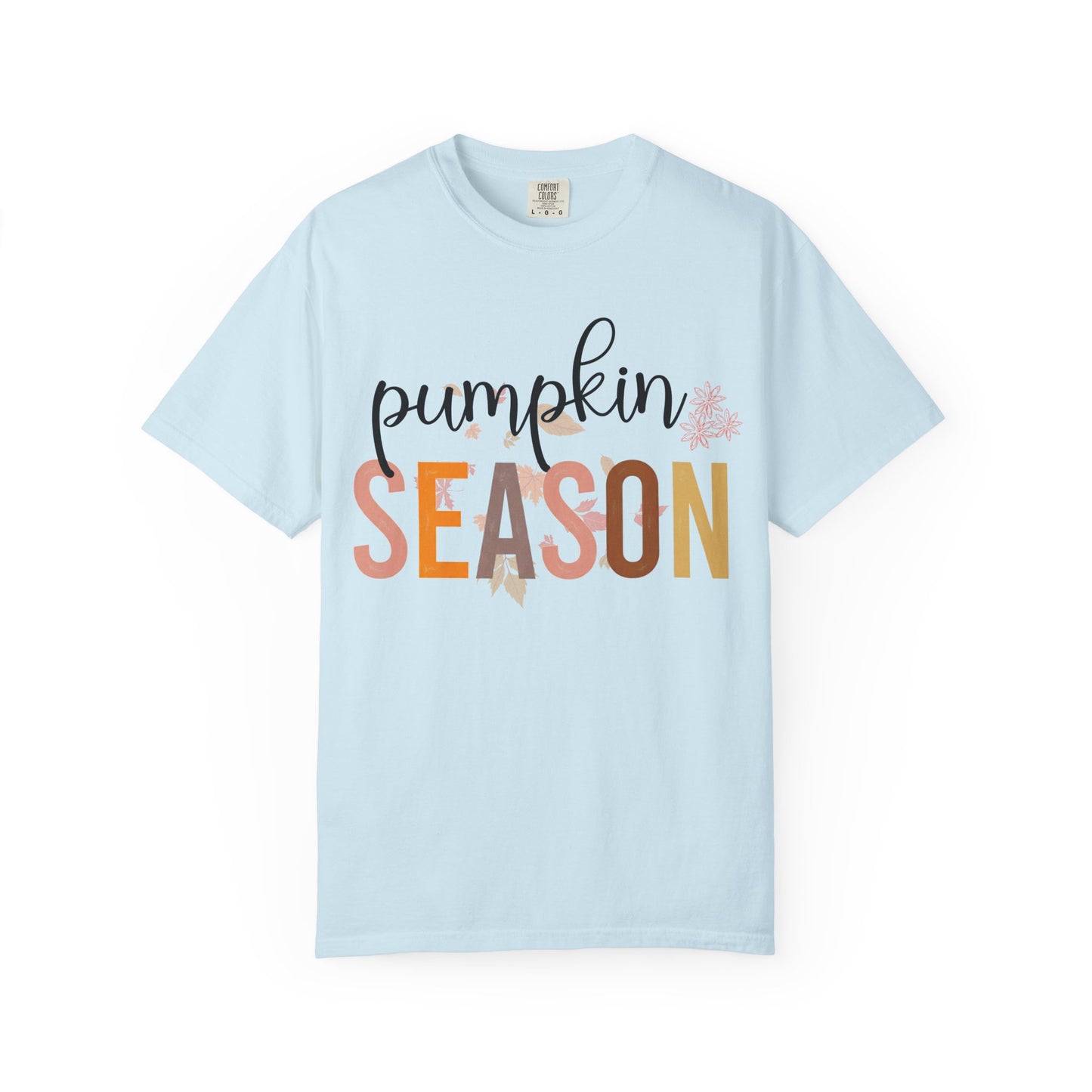 Light blue t-shirt with 'pumpkin season' text on a white background