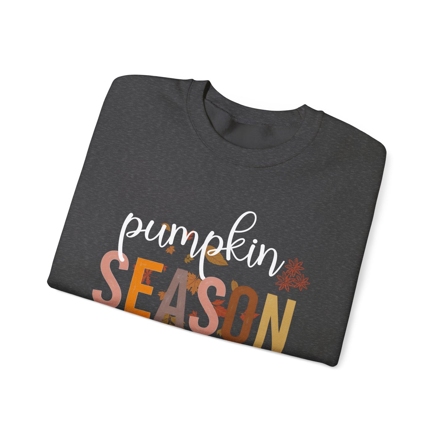 Folded dark gray t-shirt with 'pumpkin SEASON' text on a white background