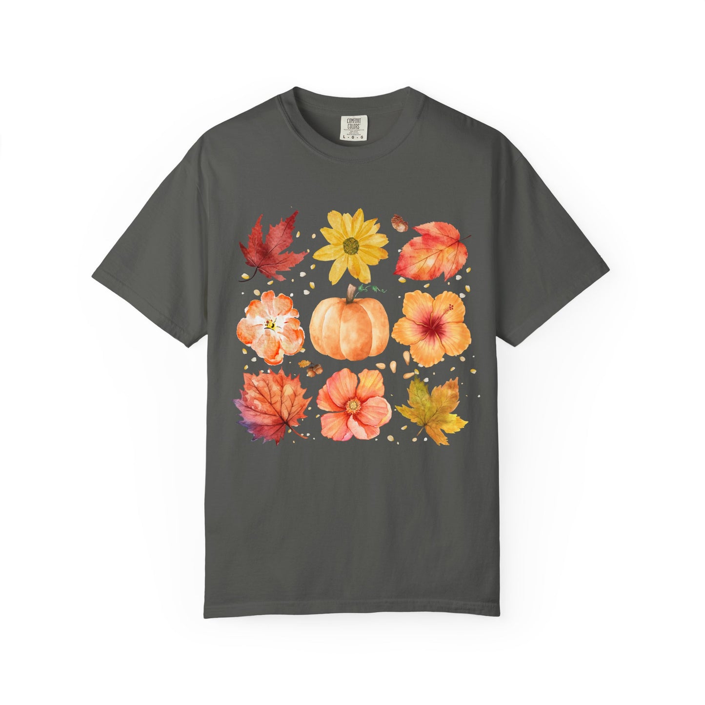 Gray t-shirt with autumn-themed design featuring leaves and pumpkins on a white background