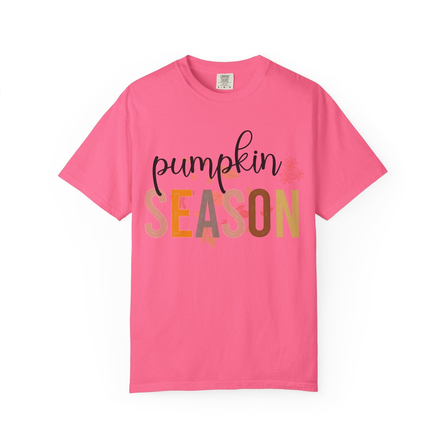 Pink t-shirt with 'pumpkin season' text on a white background