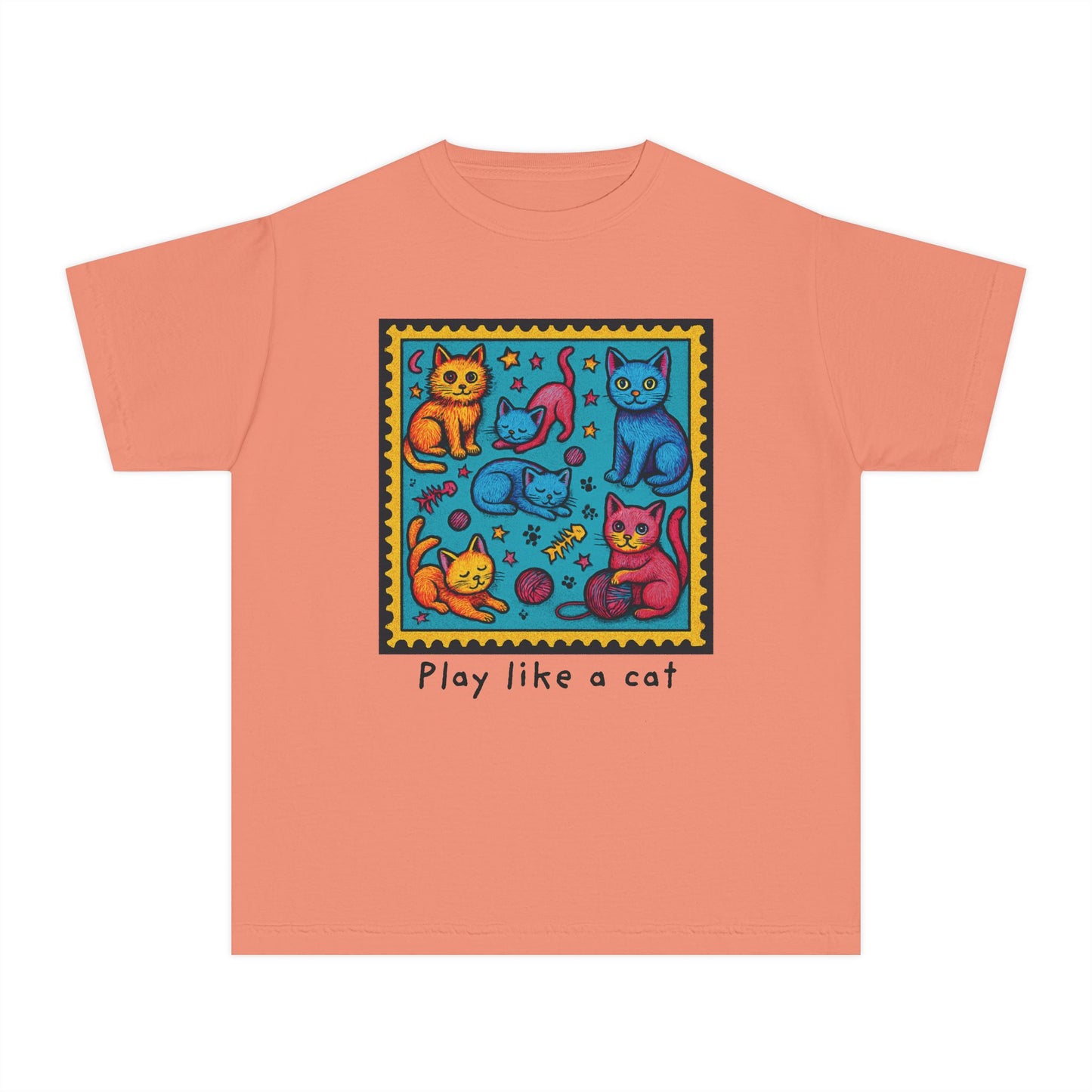 Play Like A Cat Pop Art Style Youth Tee, Comfort Colors T-Shirt for Kids, Cat Lover Gift, Graphic Print Shirt, Kitty Theme Clothing