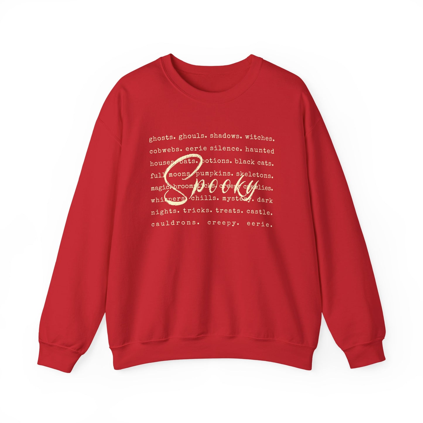 Red sweatshirt with white text on a white background