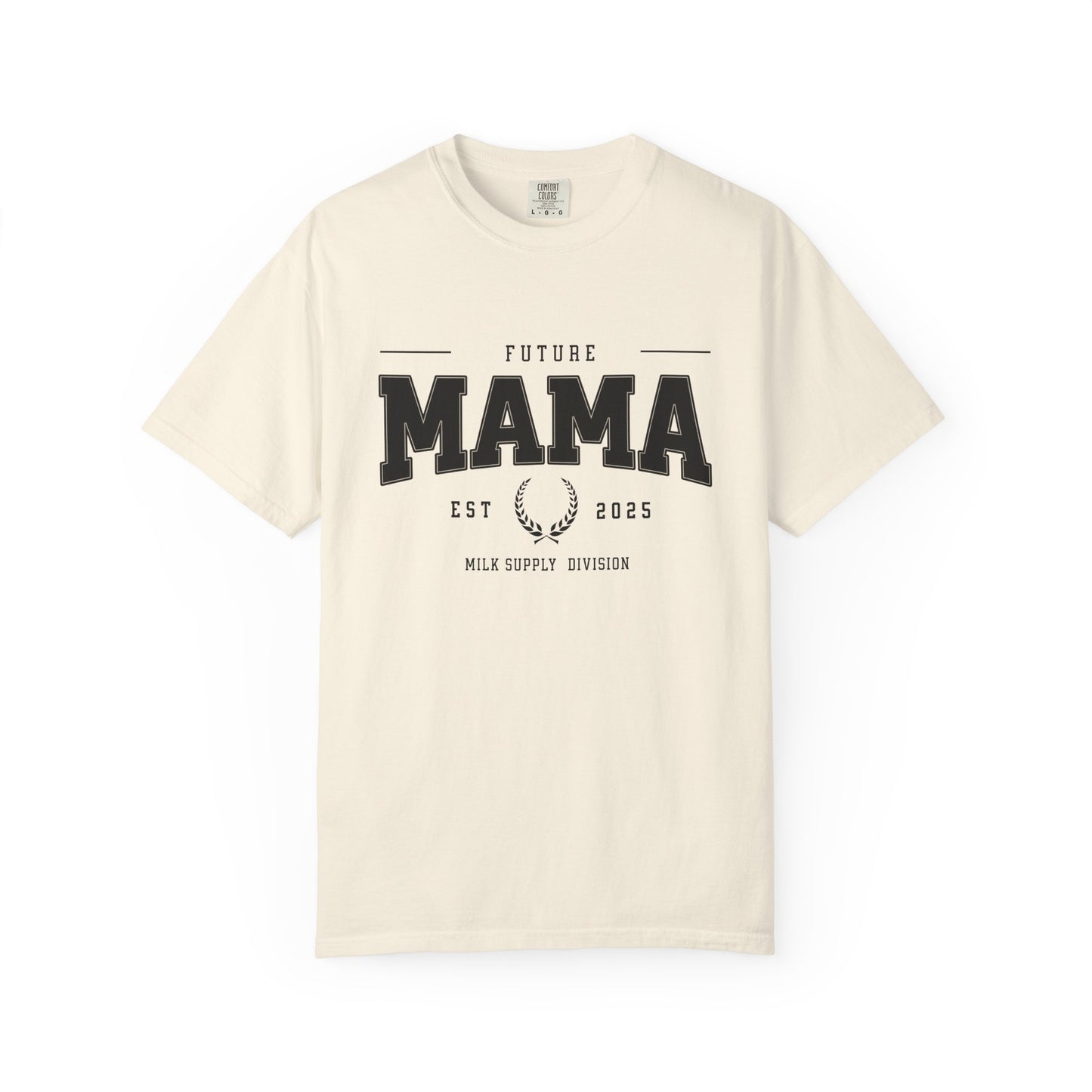 Beige t-shirt with 'Future Mama Est. 2025' text on a white background