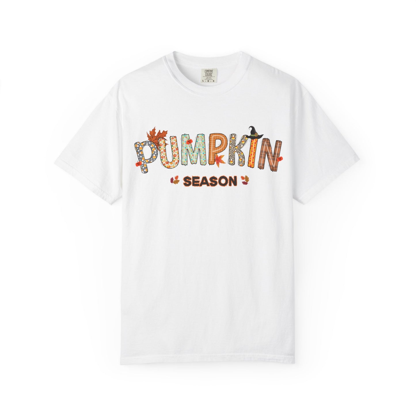 White t-shirt with 'Pumpkin Season' text design on a white background