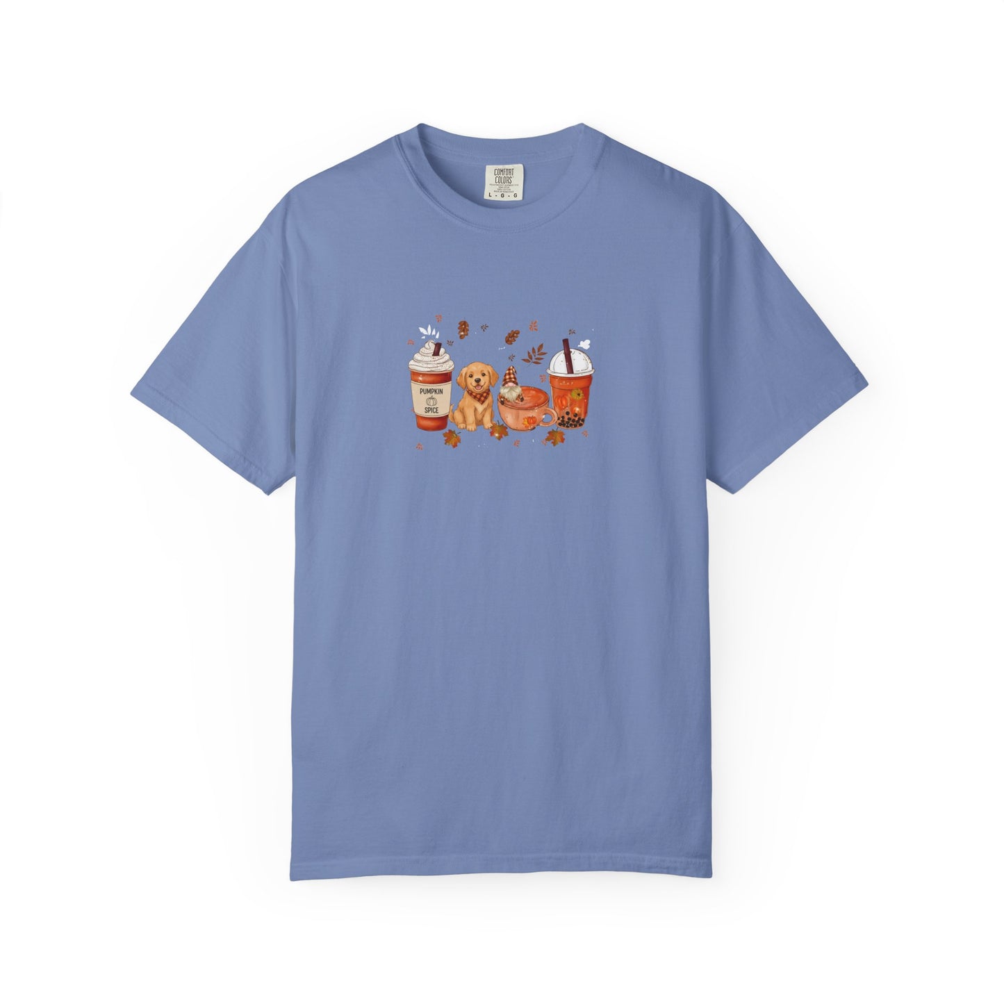 Blue t-shirt with a graphic of a dog and two coffee cups on a white background