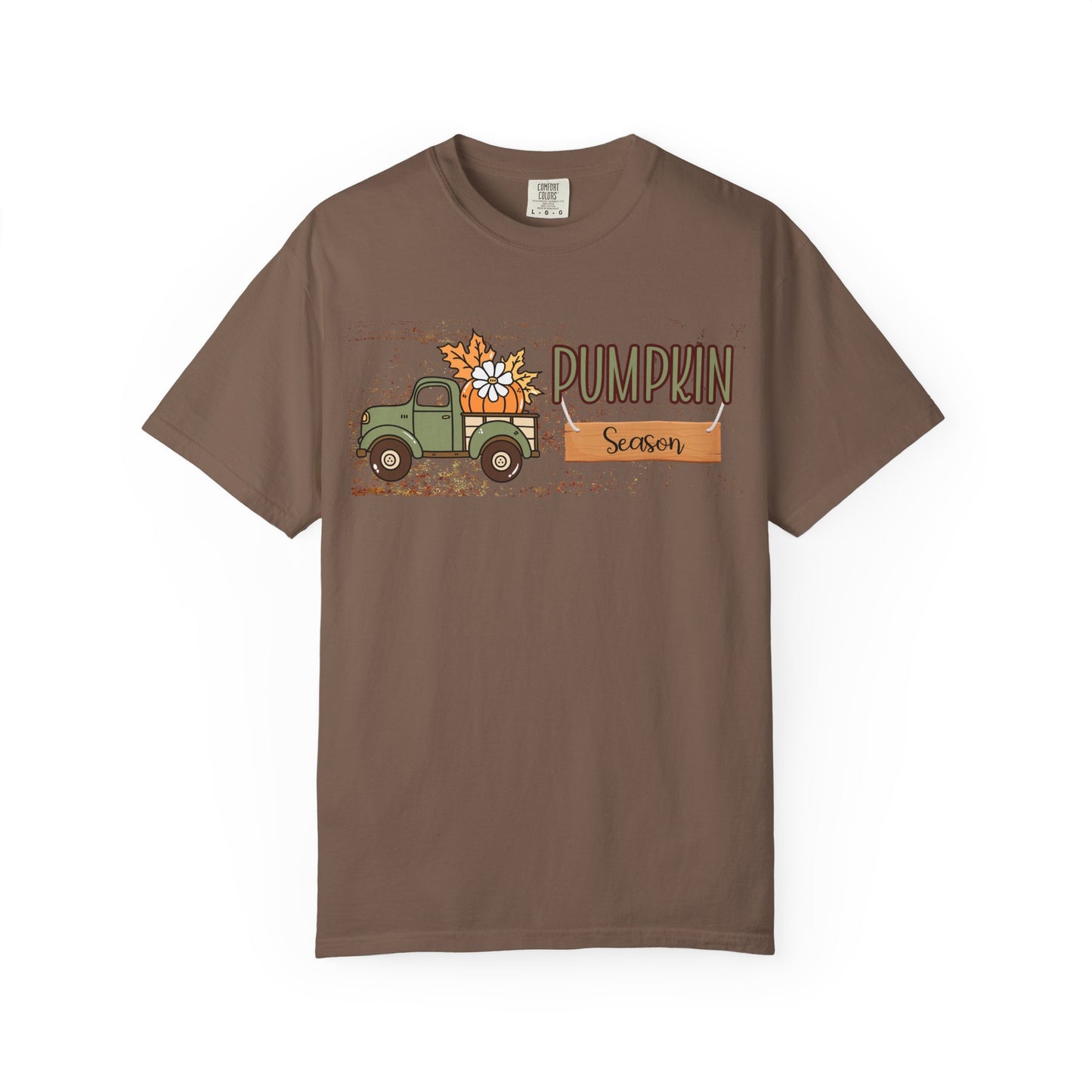 Brown t-shirt with a graphic of a truck and 'Pumpkin Season' text on a white background