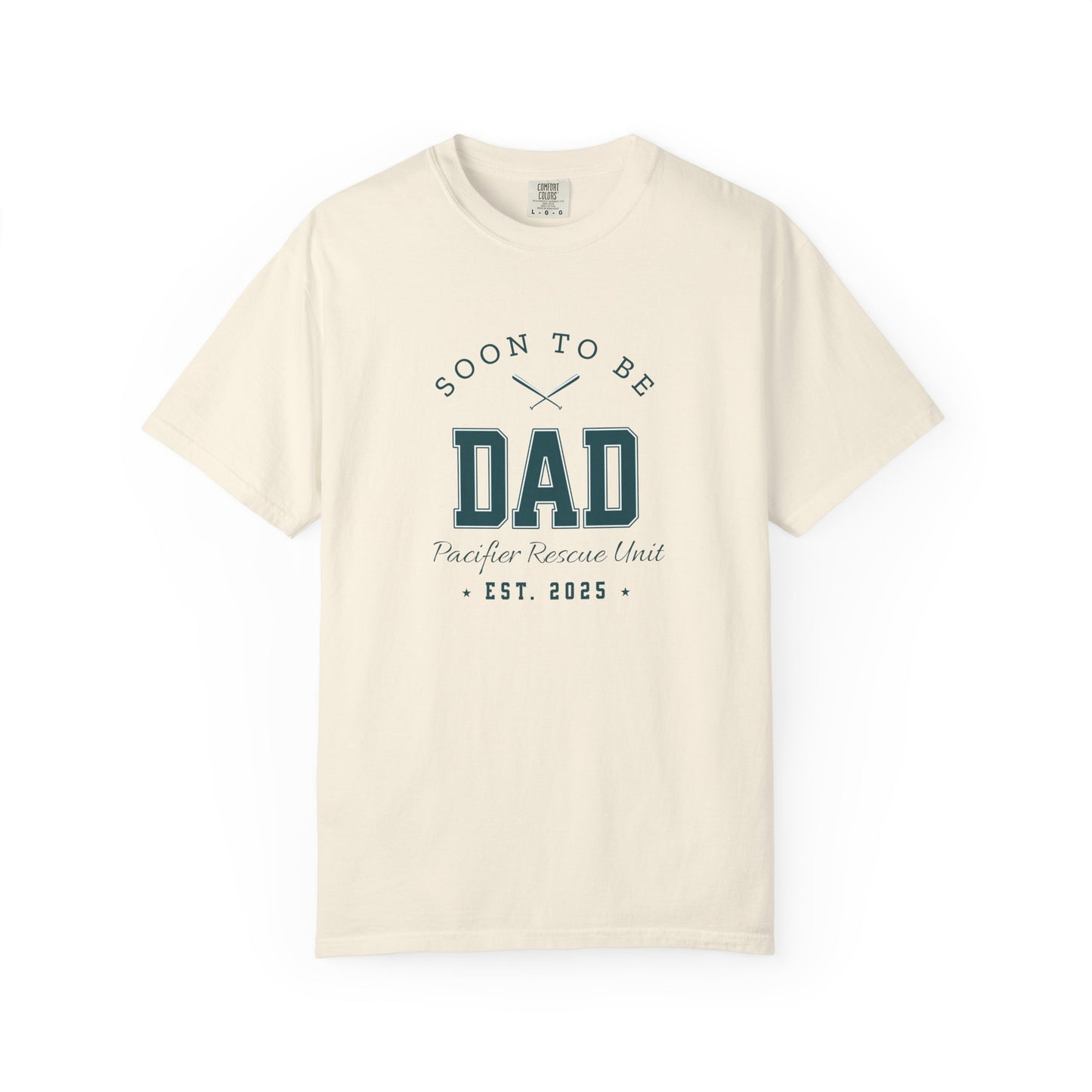 Beige t-shirt with 'Soon to be Dad' text on a white background
