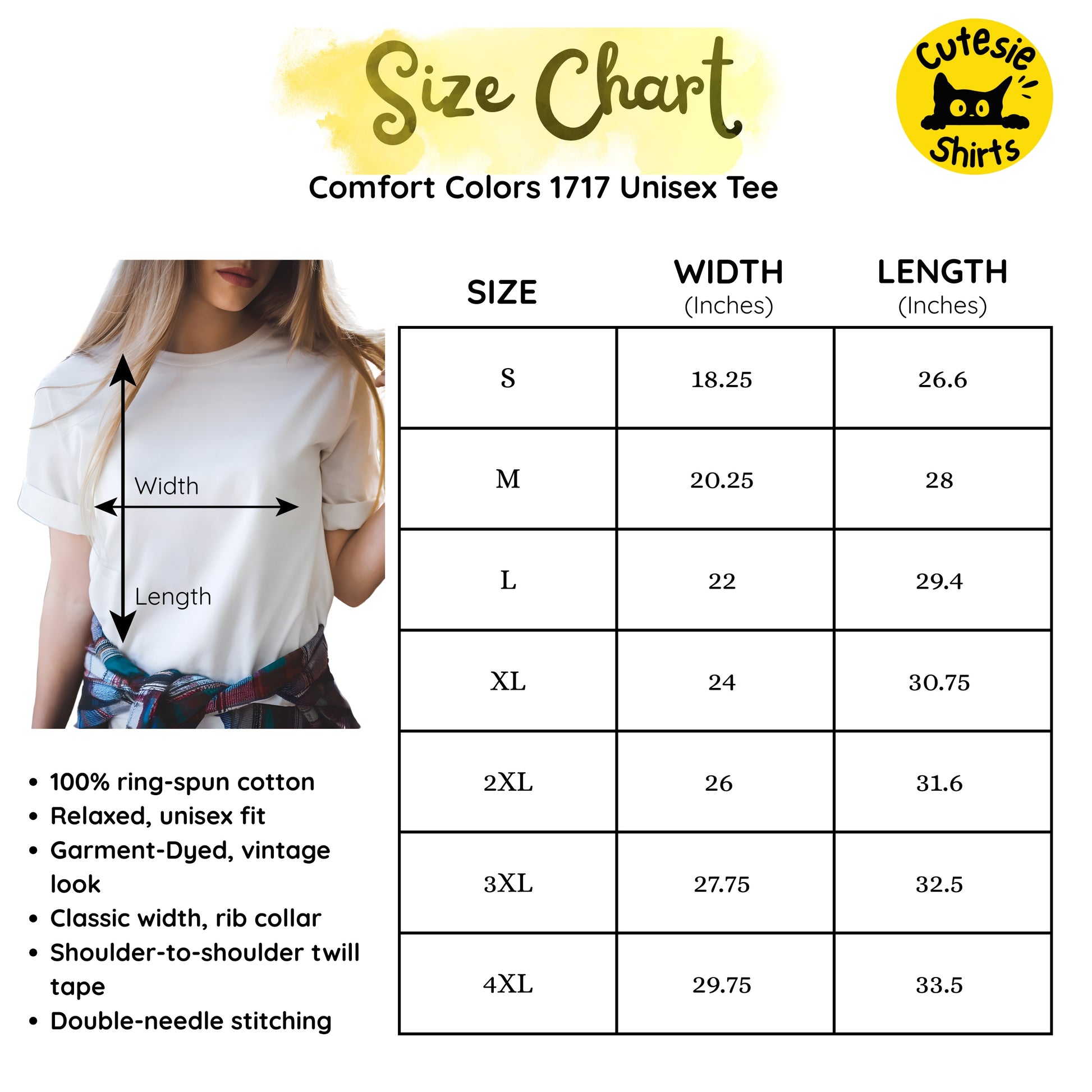 Size chart for Comfort Colors 1717 Unisex Tee with measurements and Cutesie Shirts logo.