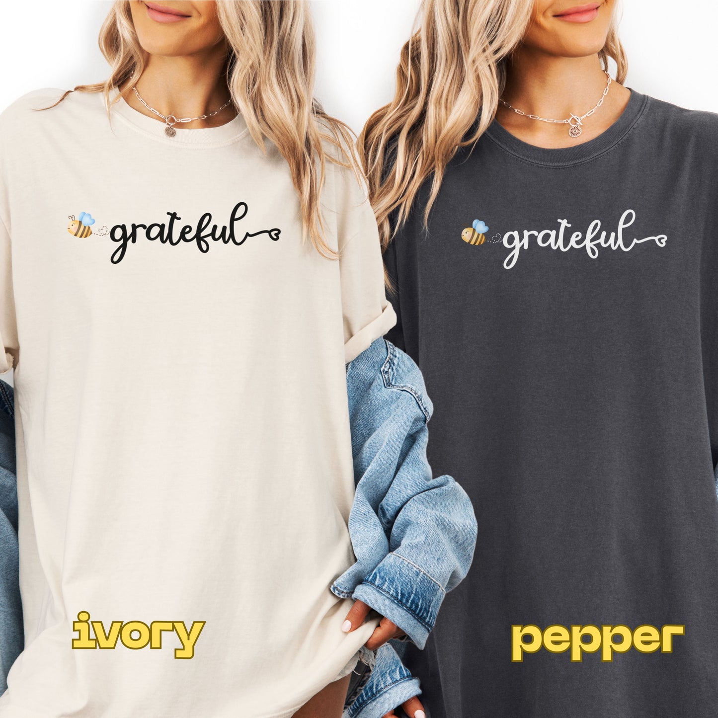 Two people wearing sweatshirts with 'grateful' text, one in ivory and one in pepper color.
