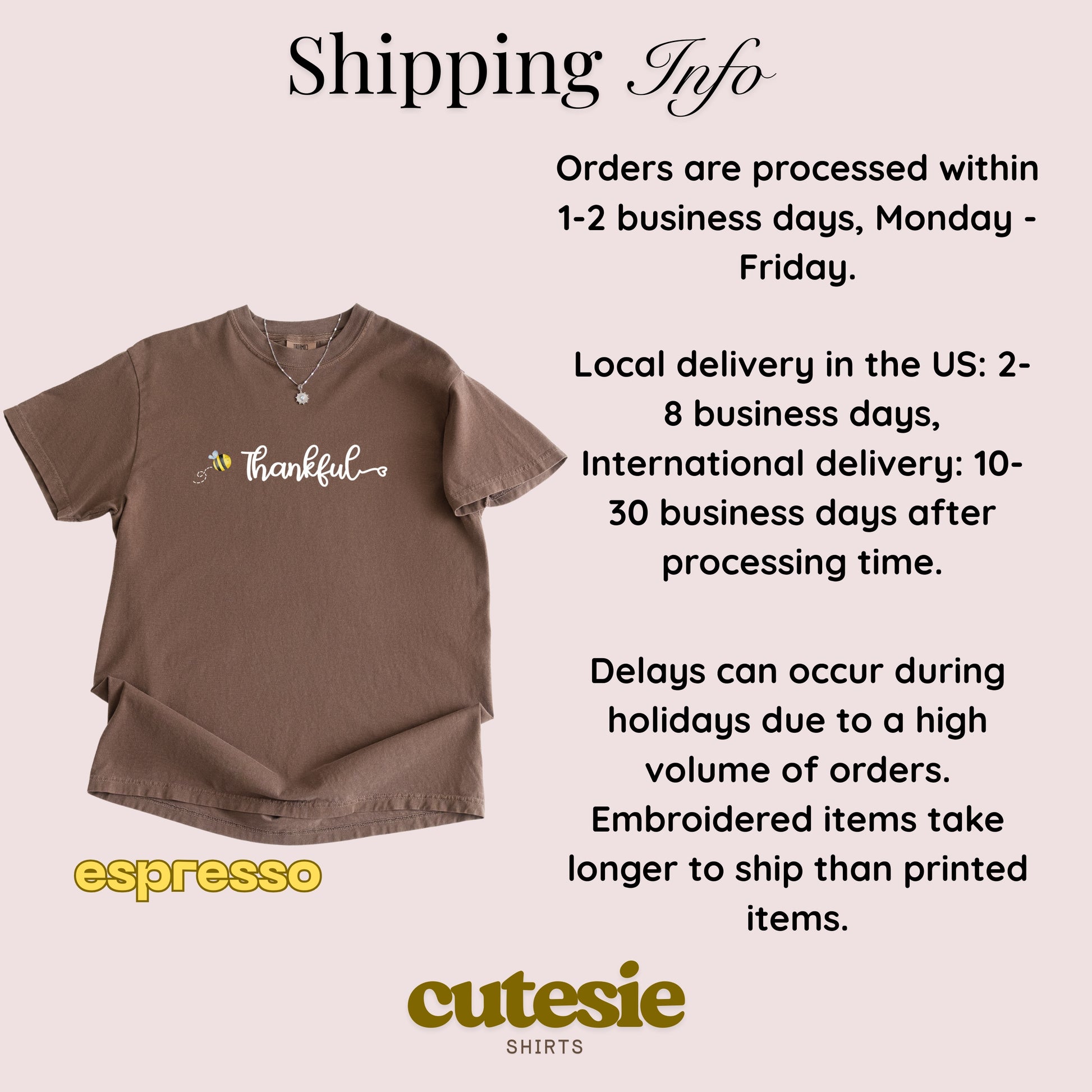 Brown t-shirt with 'thankful' text, shipping information, and Cutesie Shirts logo on a light pink background.