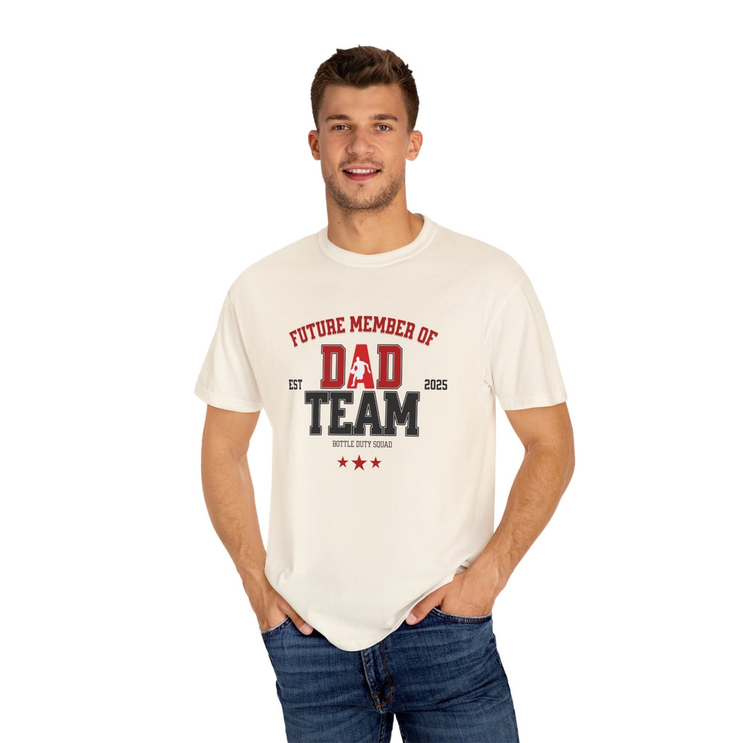 Man wearing a white t-shirt with 'Future Member of Dad Team' text on a white background