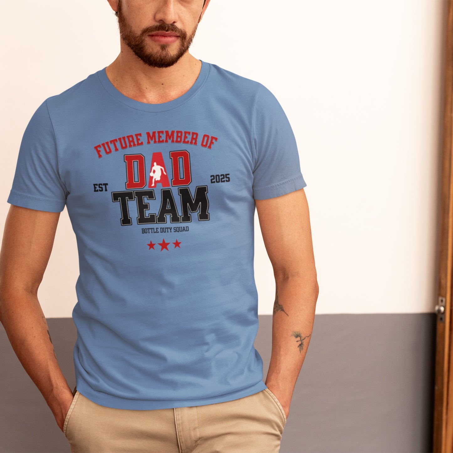 Man wearing a blue t-shirt with 'Future Member of Dad Team' text