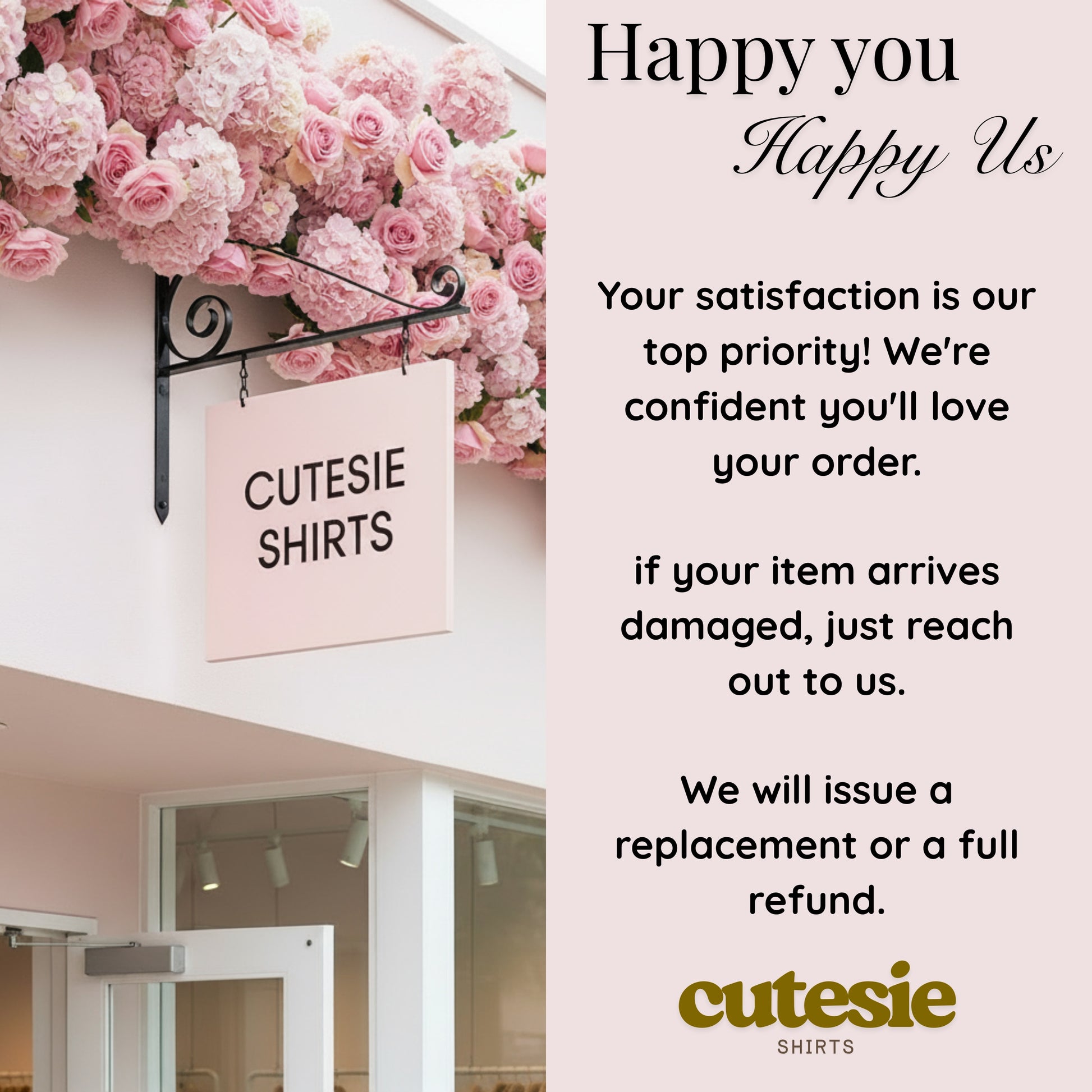 Cutesie Shirts store with pink flowers and promotional text about satisfaction guarantee.