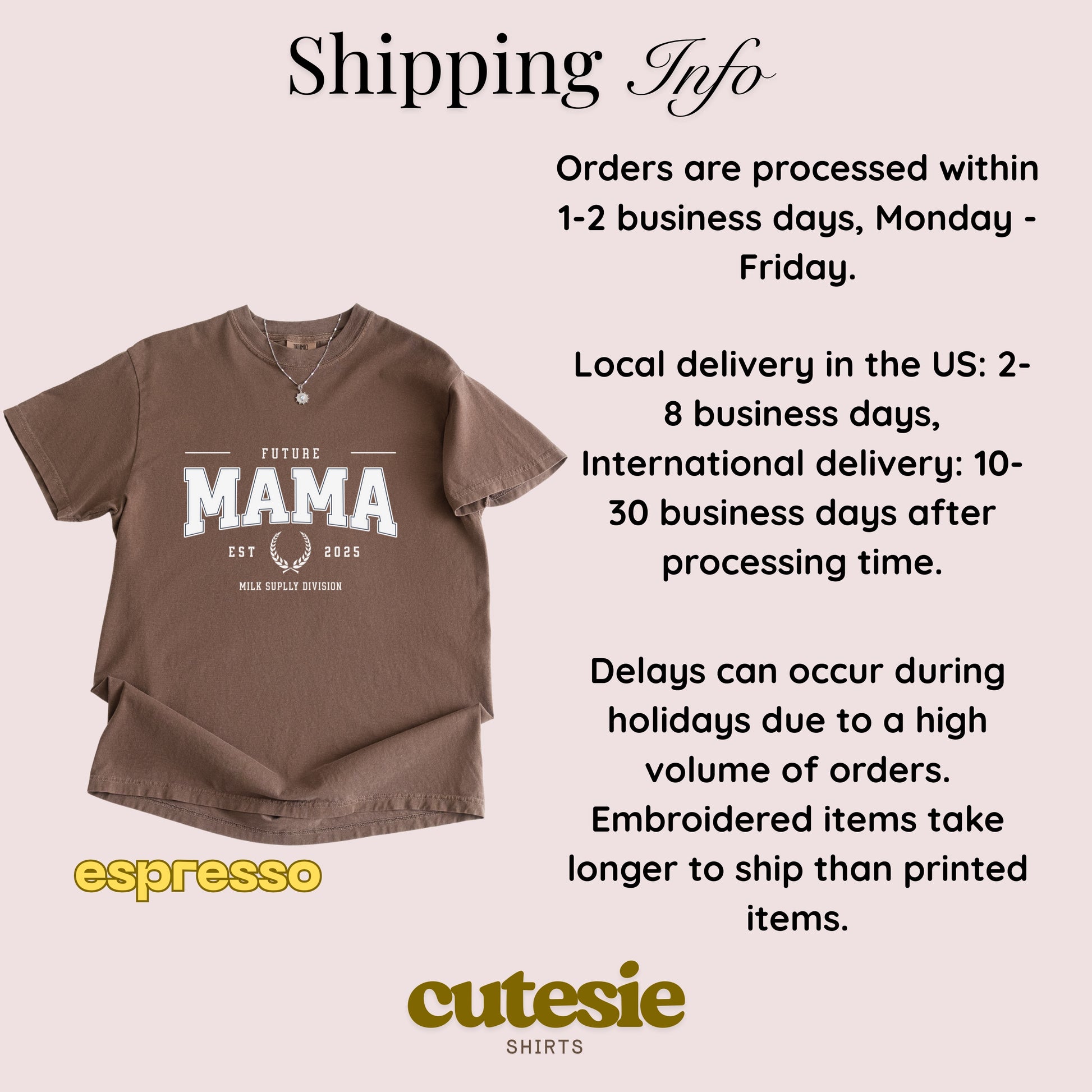 Brown t-shirt with 'Future Mama' text on a light pink background, featuring shipping information and Cutesie Shirts branding.