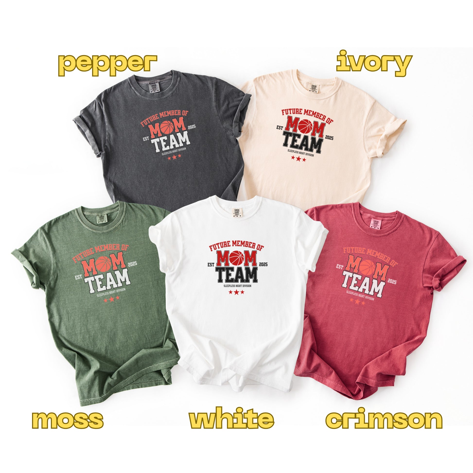 Five t-shirts in different colors with 'Future Member of the Mom Team' text on a white background.