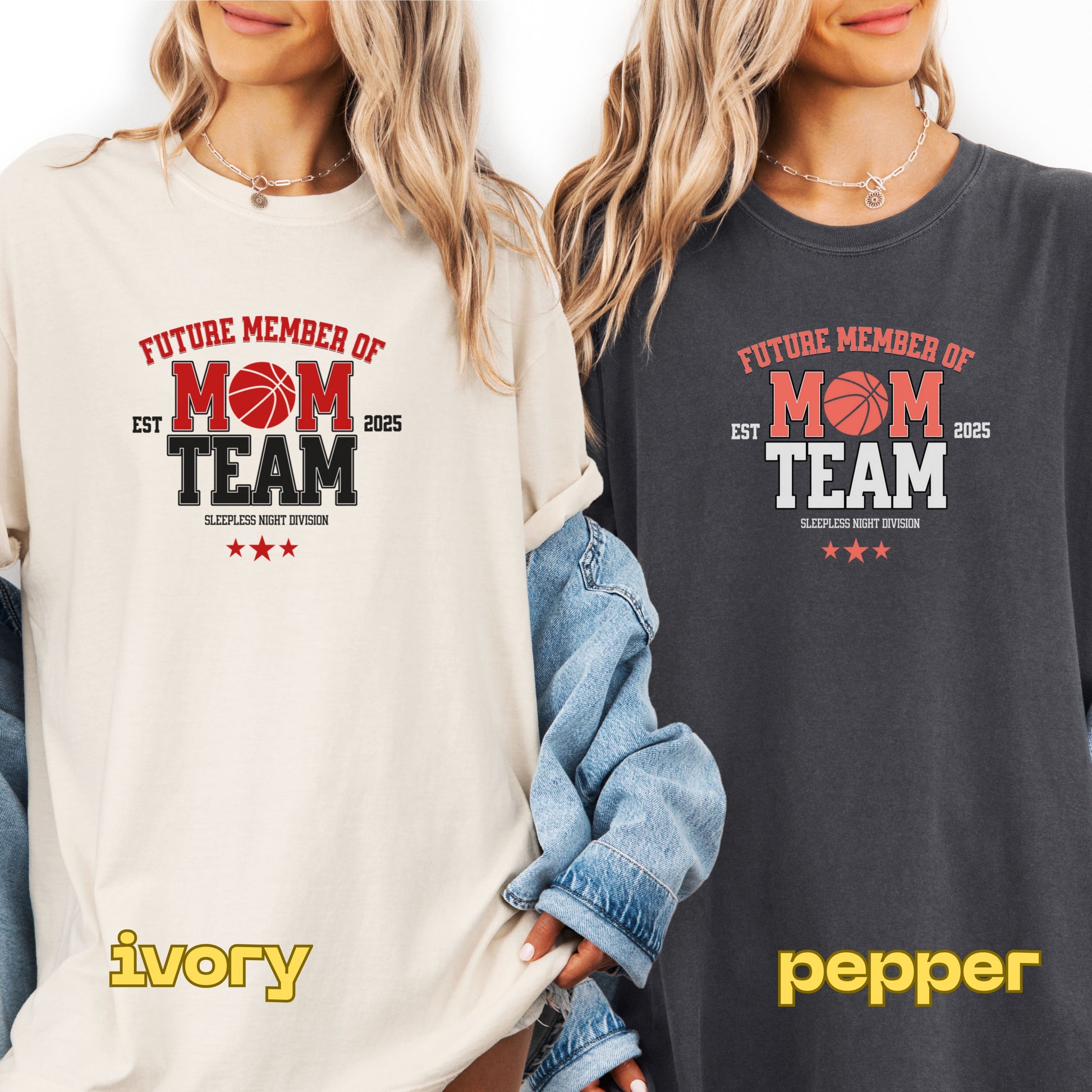Two people wearing sweatshirts with 'Future Member of Mom Team' text, one in ivory and one in pepper color.