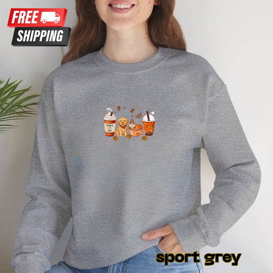 Person wearing a gray sweatshirt with a graphic design on a plain background