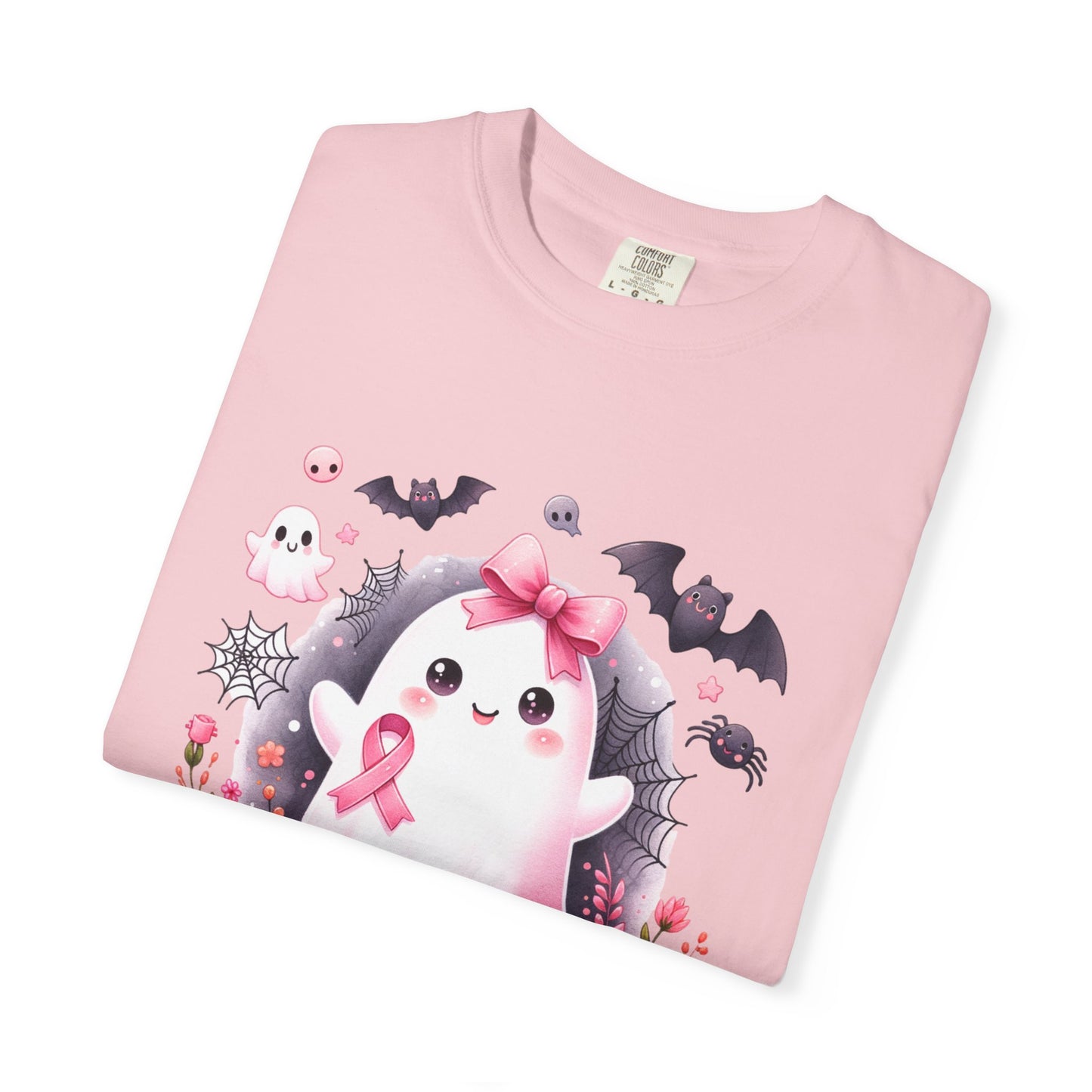 Pink t-shirt with cartoon ghost, bats, and pink ribbon design on a white background