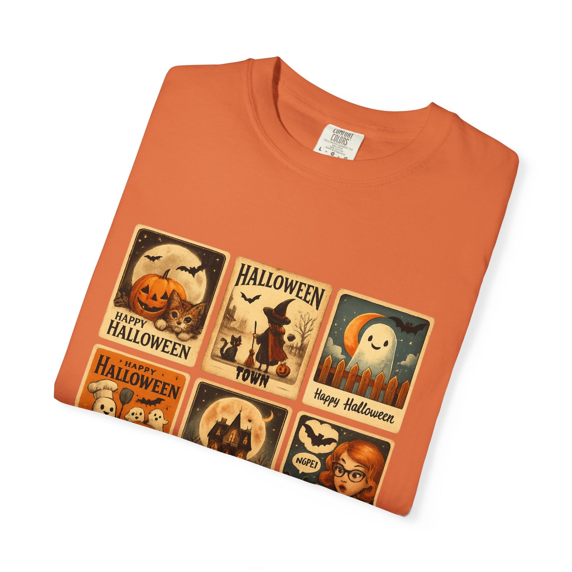 Orange t-shirt with Halloween-themed graphics on a white background